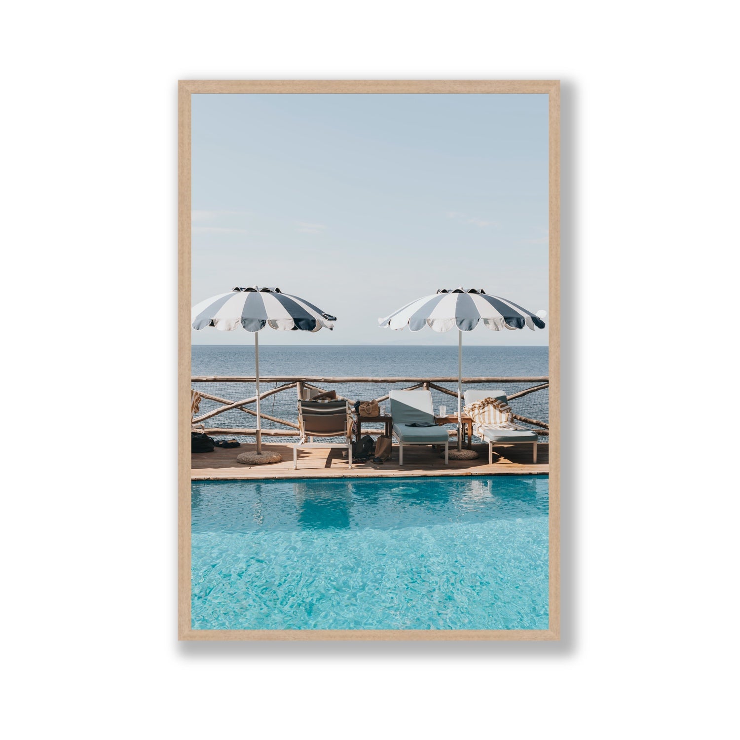 Beach Retreat fine art print, Ischia, Italy, european beach clubs artwork, Gallery, Natural Oak Frame · Full Bleed, Fine Art Print
