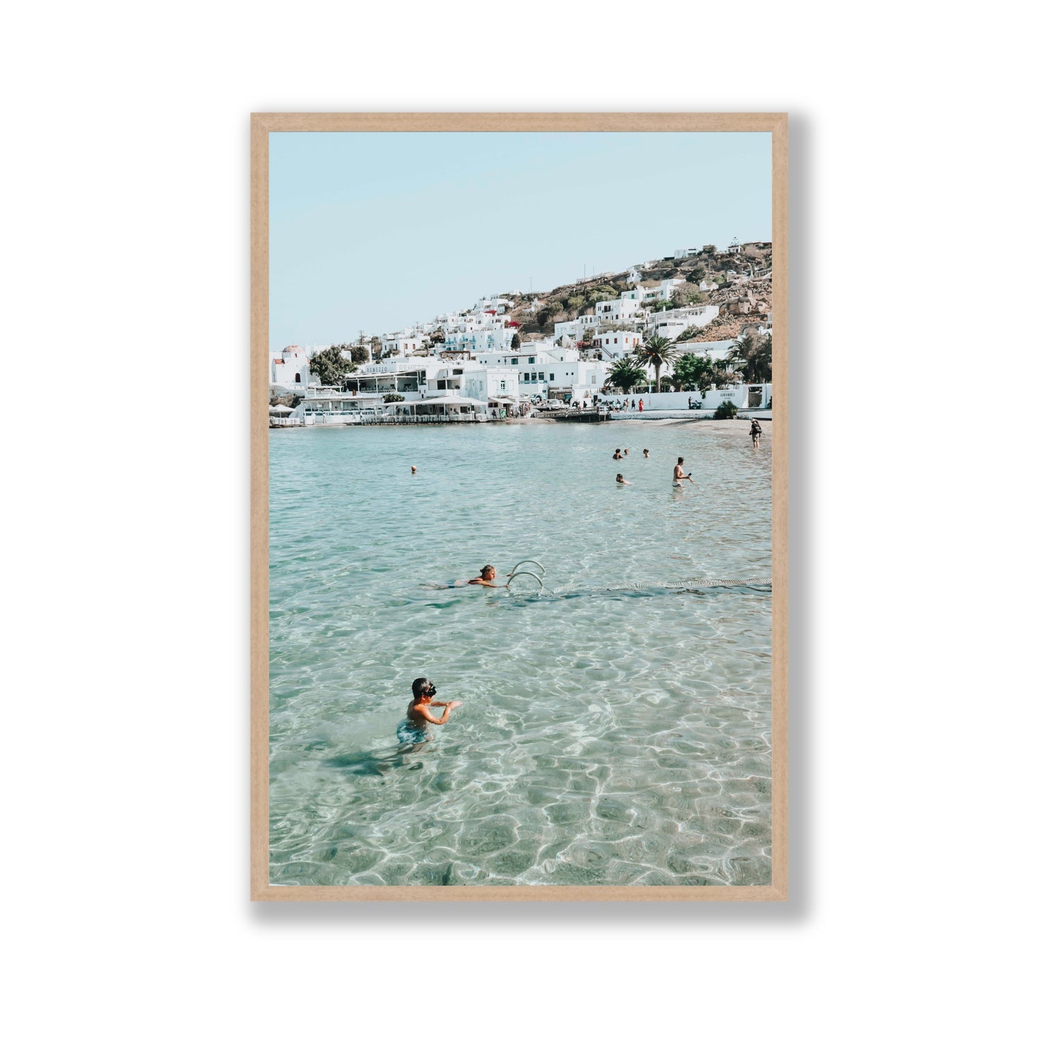 Beside The Seaside Mykonos beach Greek island wall art Gallery full-bleed fine art print in natural oak frame