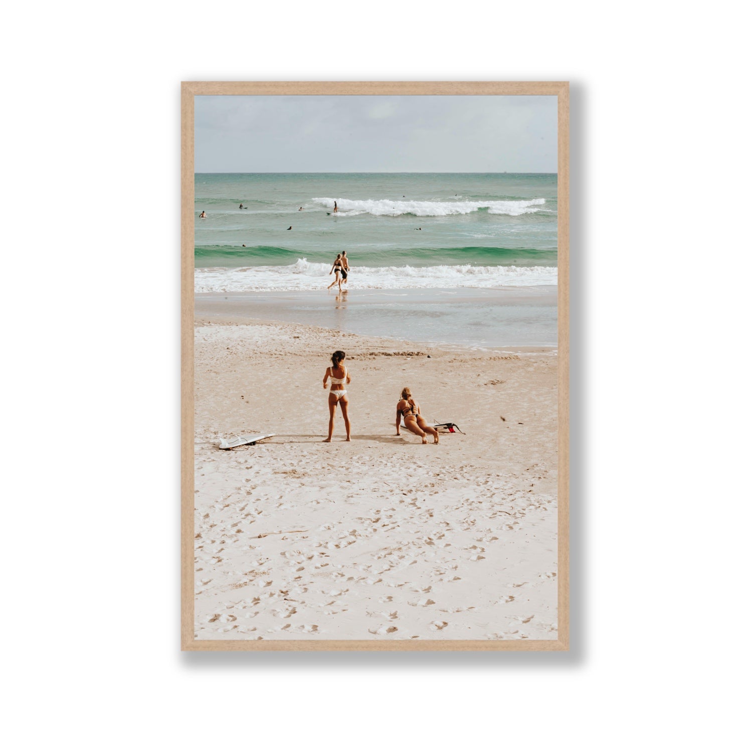 Gidget & Betty Byron Bay beach coastal wall art Gallery full-bleed fine art print in natural oak frame