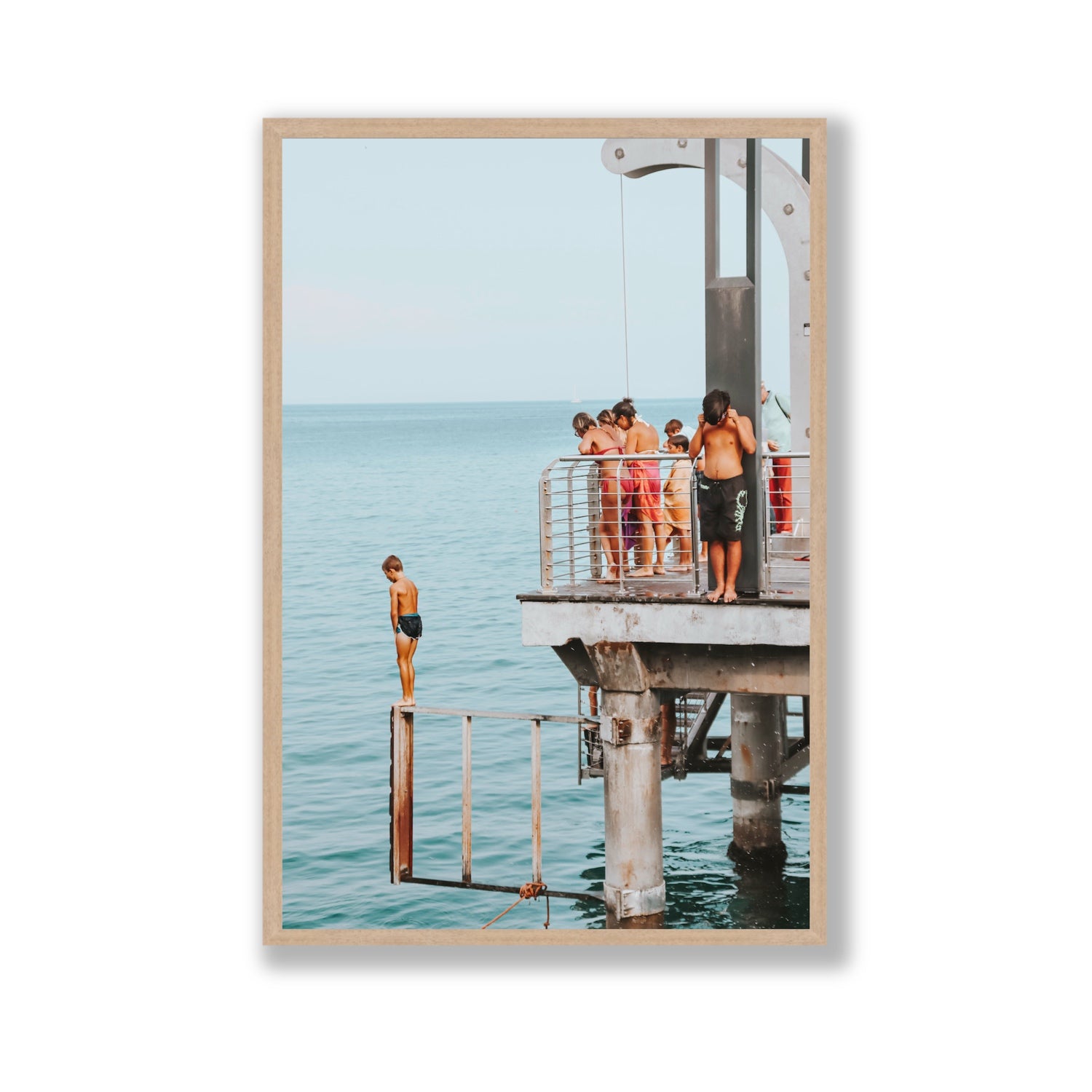 Golden Boy Alassio coastal decor wall art Gallery full-bleed fine art print in natural oak frame