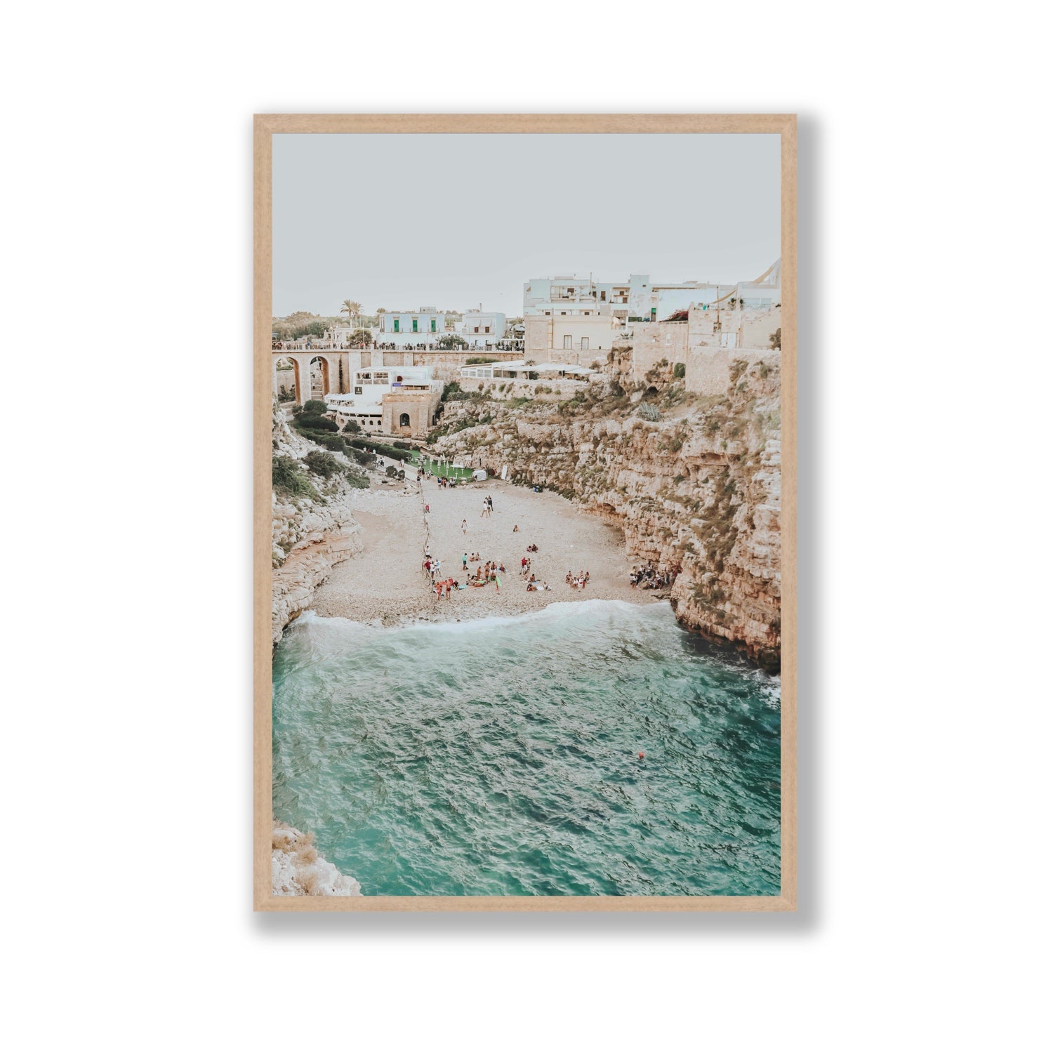 Polignano Vista Puglia coastal Italian beach fine art print Gallery full-bleed fine art print in natural oak frame