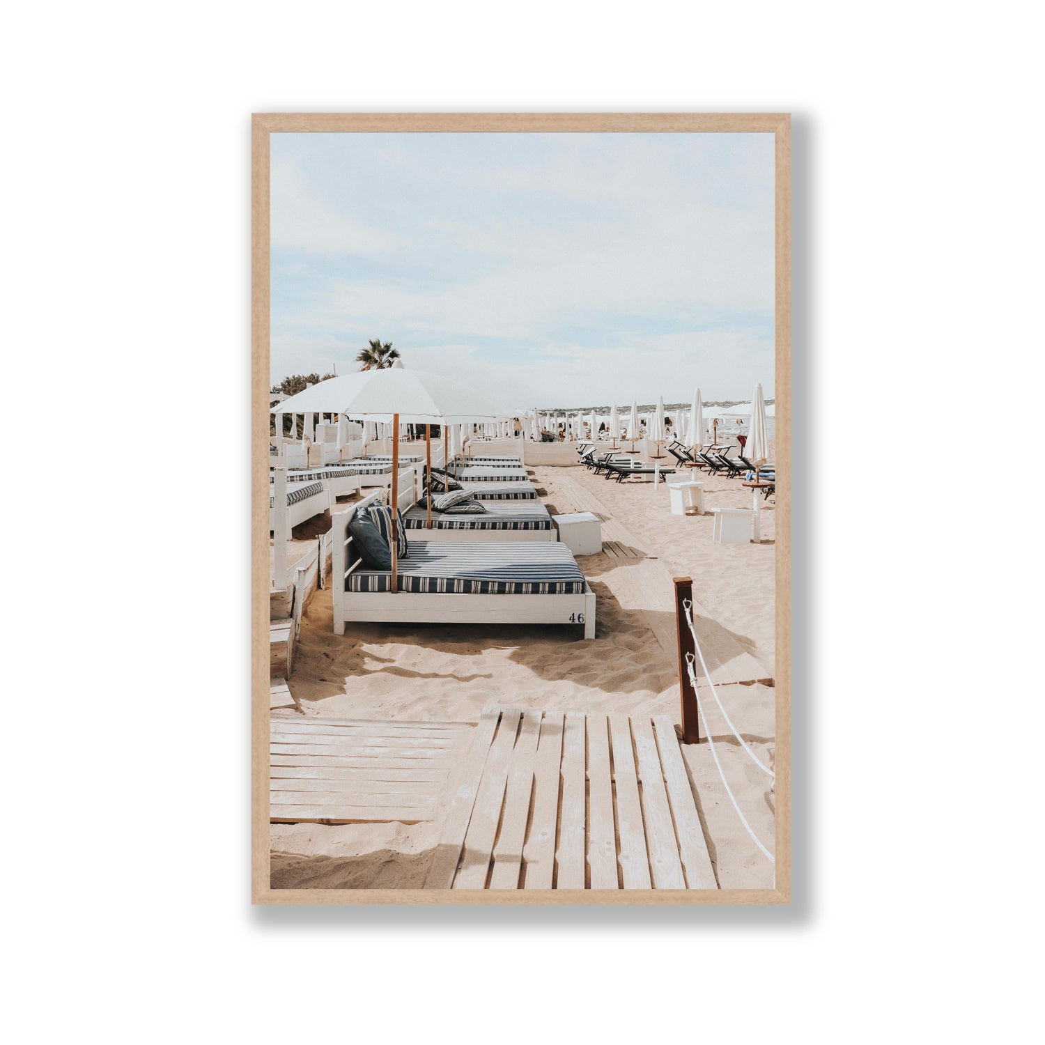 Coastal Repose Puglia beach Mediterranean fine art print Gallery full-bleed fine art print in natural oak frame