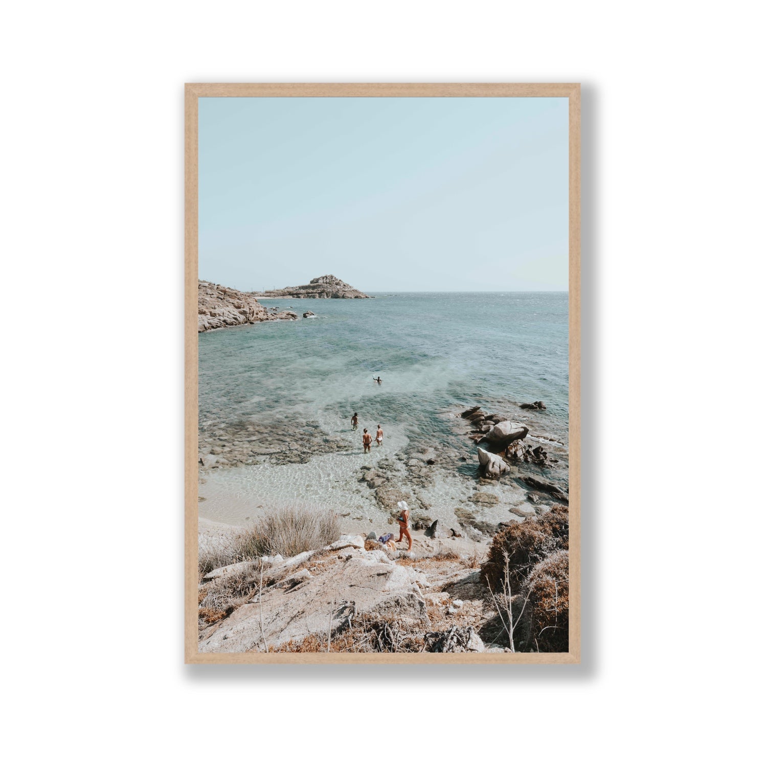 Explorers Mykonos Greek island wall art Gallery full-bleed fine art print in natural oak frame