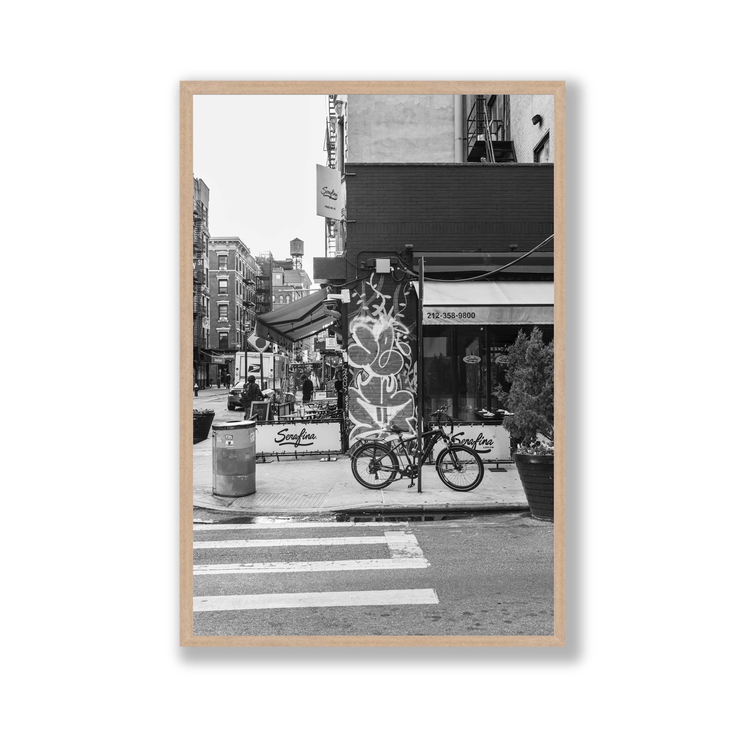 Cafe Canvas New York NYC Black & White wall art Gallery fine art canvas in natural oak frame view 2