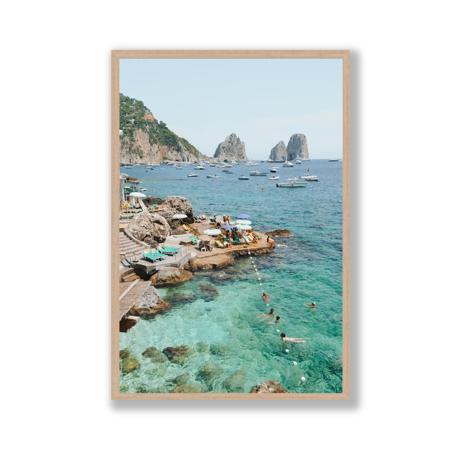 Summertime Blues Capri Mediterranean wall art Gallery full-bleed fine art print in natural oak frame