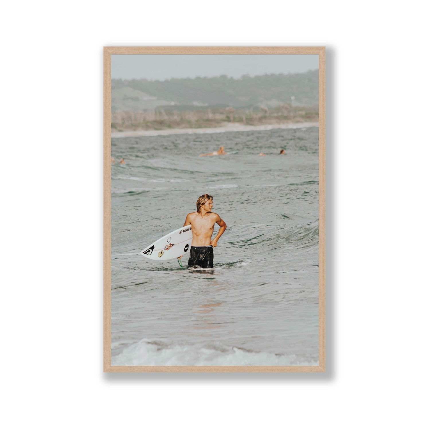 Chasing Mavericks Byron Bay Surf coastal wall art Gallery full-bleed fine art print in natural oak frame