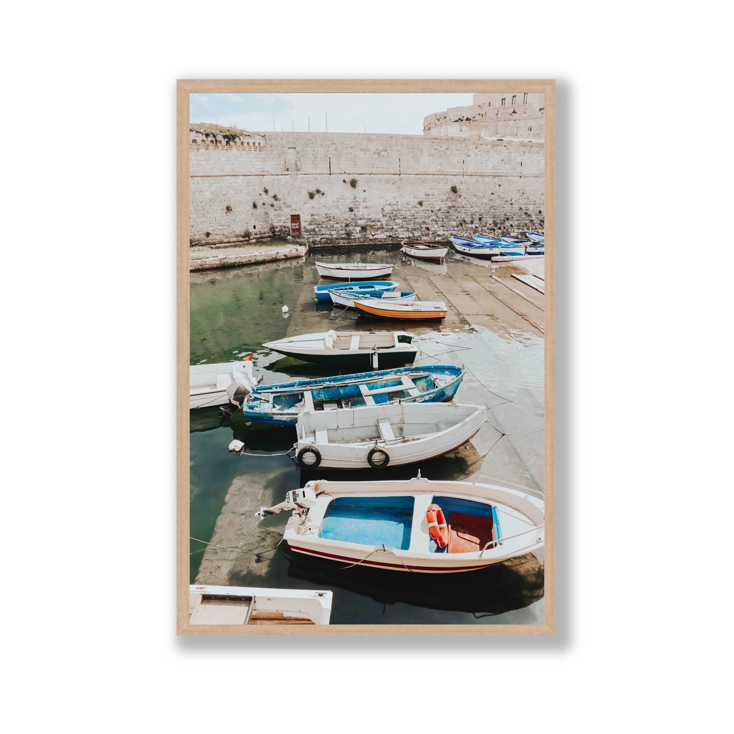 Harbour Palette Puglia coastal photography wall art Gallery full-bleed fine art print in natural oak frame