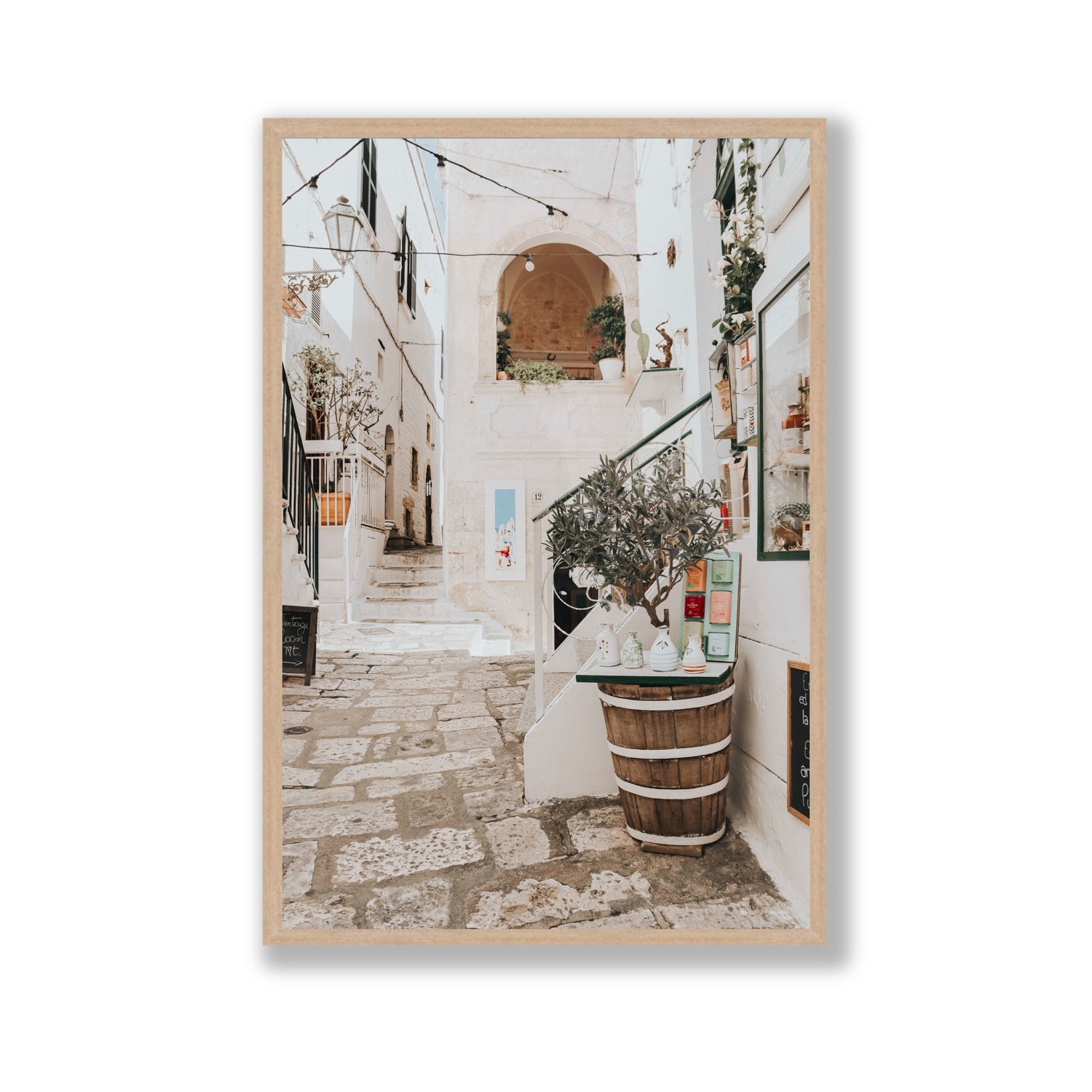 Olive Tree Lane Puglia Ostuni Mediterranean decor wall art Gallery full-bleed fine art print in natural oak frame