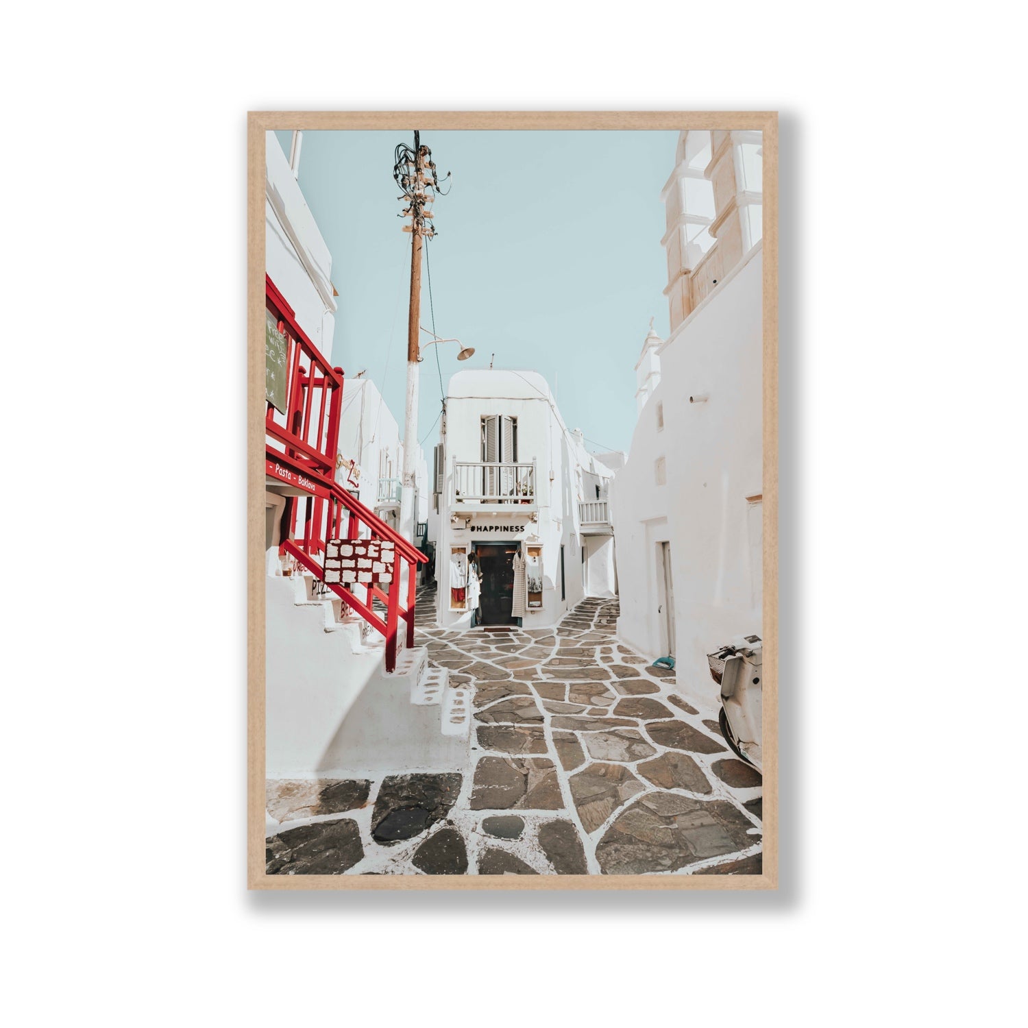 Happiness Mykonos Greek island wall art Gallery full-bleed fine art print in natural oak frame