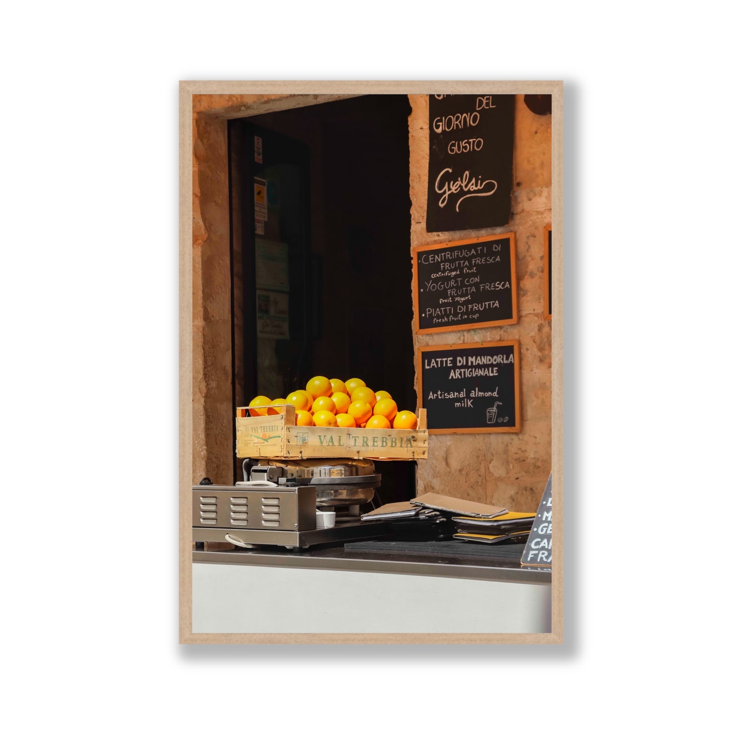 Luminous Citrus Puglia Ostuni Italian wall art Gallery full-bleed fine art print in natural oak frame