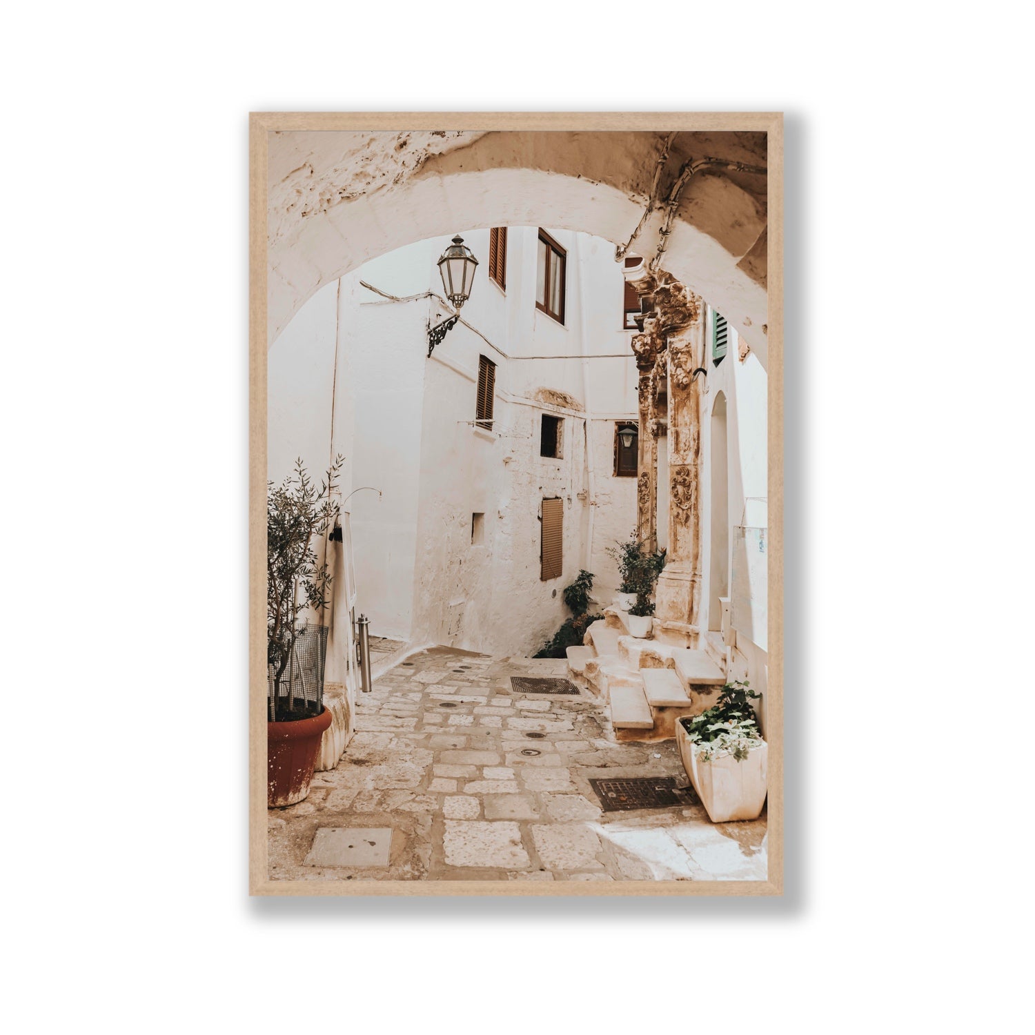 Pathway Wander Puglia Ostuni wall art Gallery full-bleed fine art print in natural oak frame
