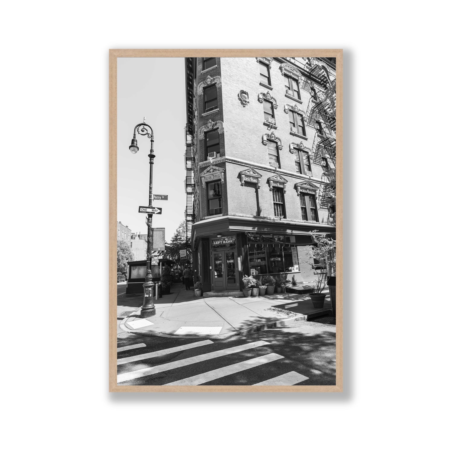 Parisian On Perry New York NYC Black & White wall art Gallery full-bleed fine art print in natural oak frame