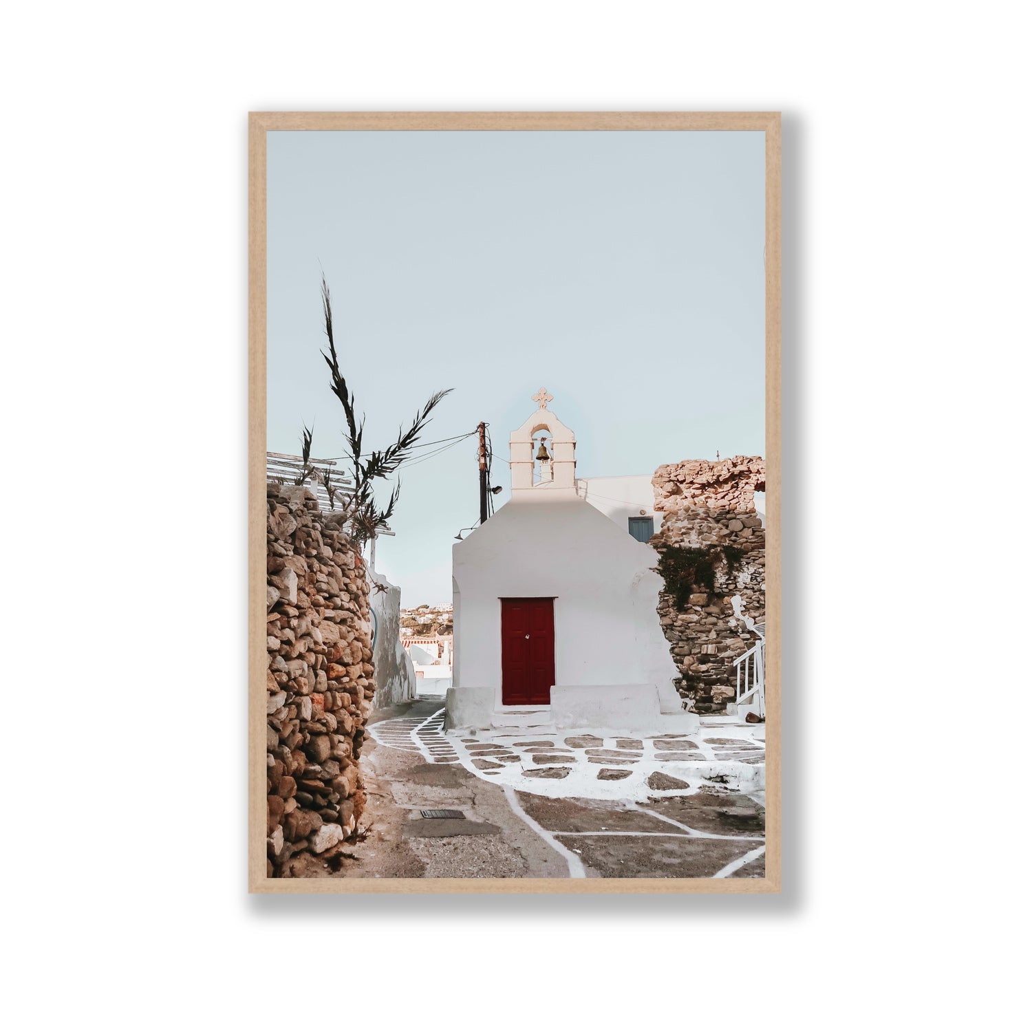 Little Chapel Mykonos Greek island wall art Gallery full-bleed fine art print in natural oak frame