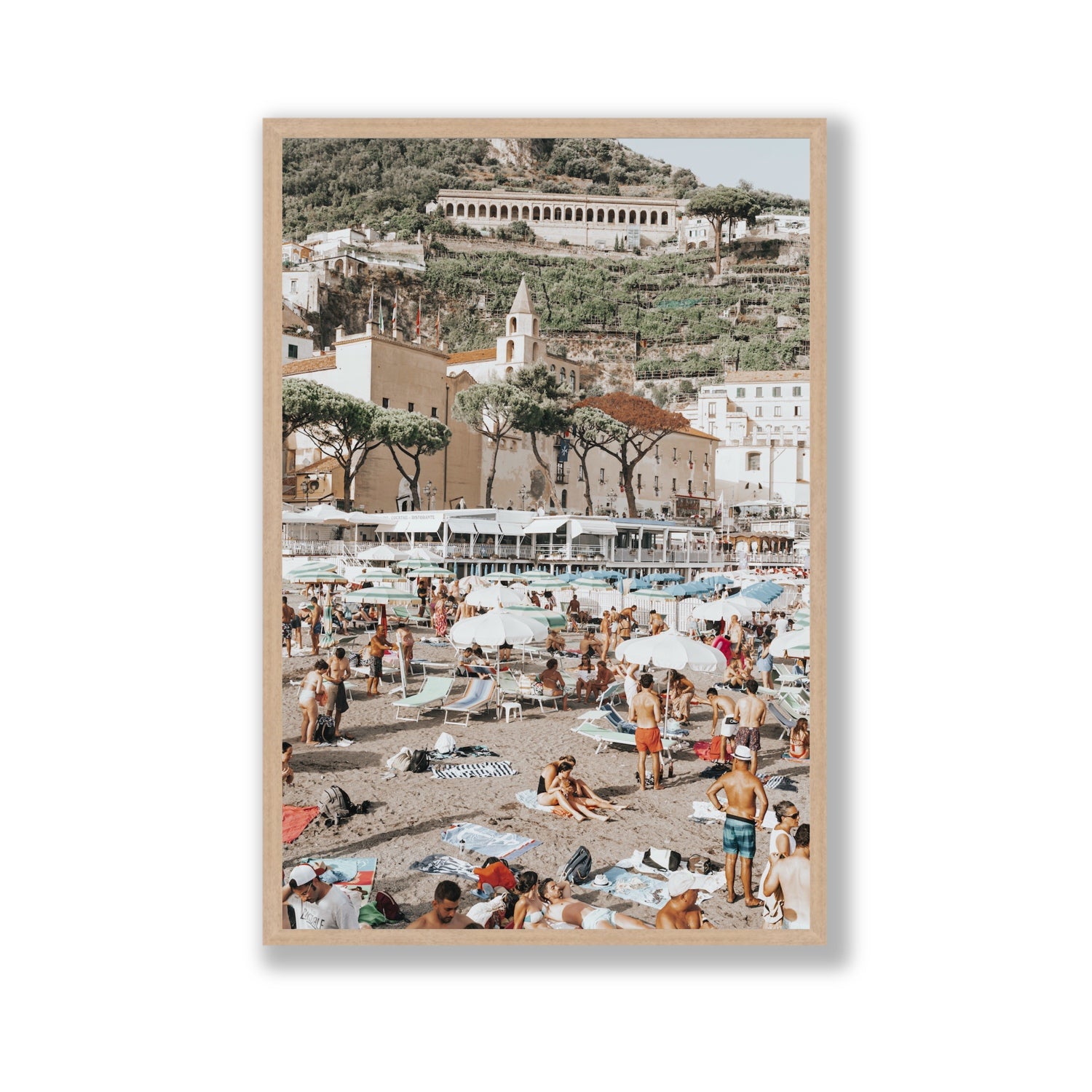 Festa In Spiaggia Amalfi coastal wall art Gallery full-bleed fine art print in natural oak frame