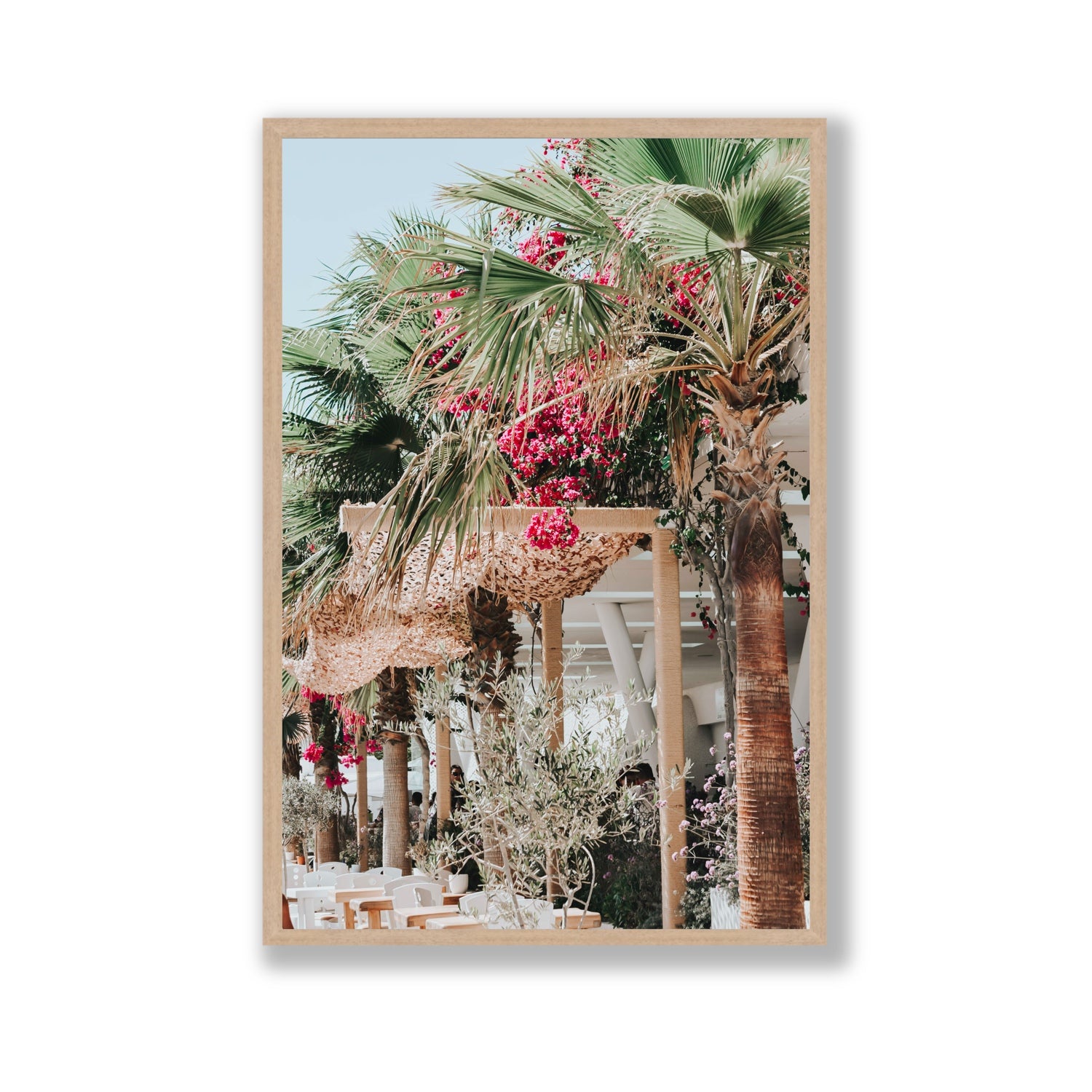 Palm Trees Mykonos Greek island wall art Gallery full-bleed fine art print in natural oak frame