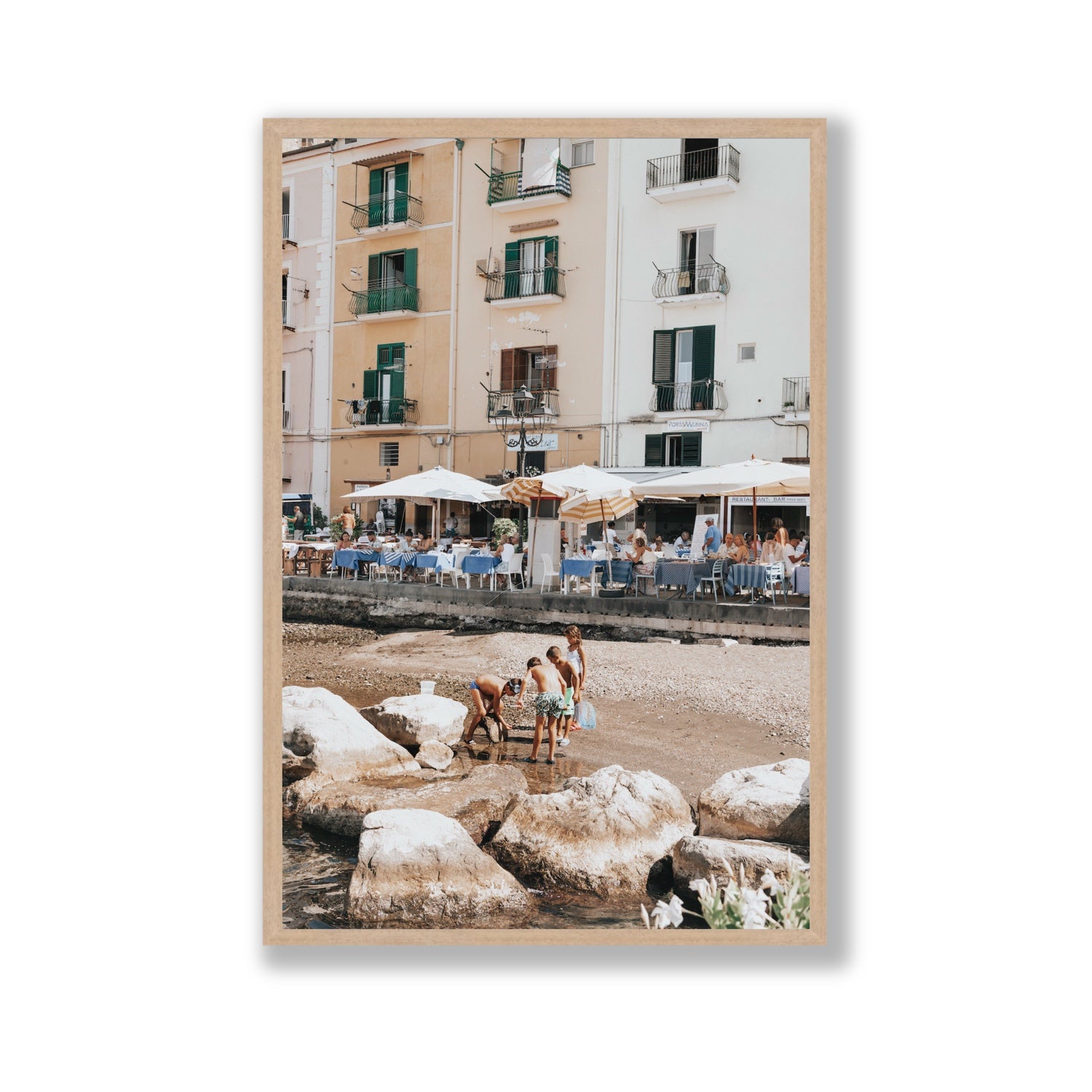 Sunny Playtime Sorrento coastal wall art Gallery full-bleed fine art print in natural oak frame