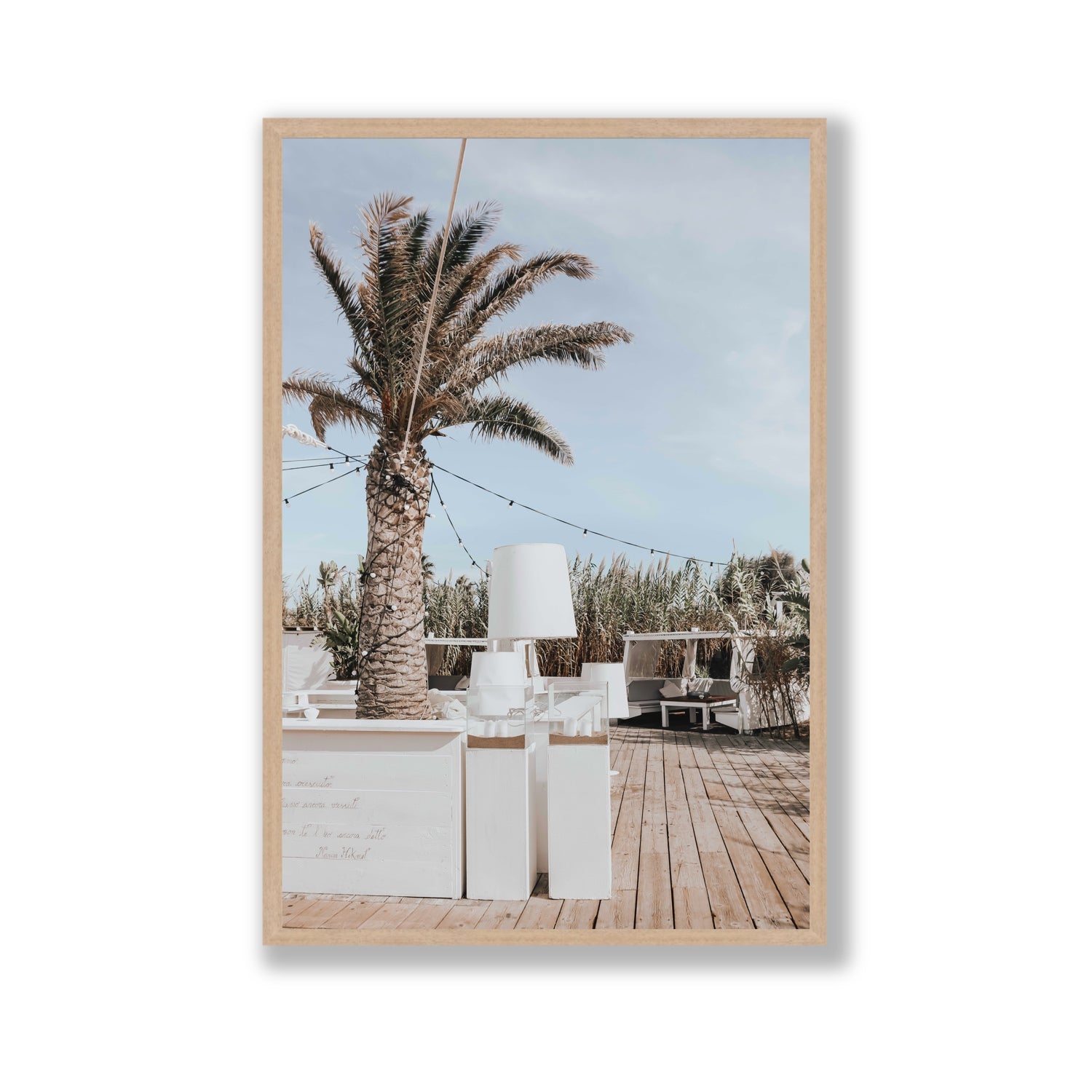 Seabreeze Palm Puglia coastal beach wall art Gallery full-bleed fine art print in natural oak frame