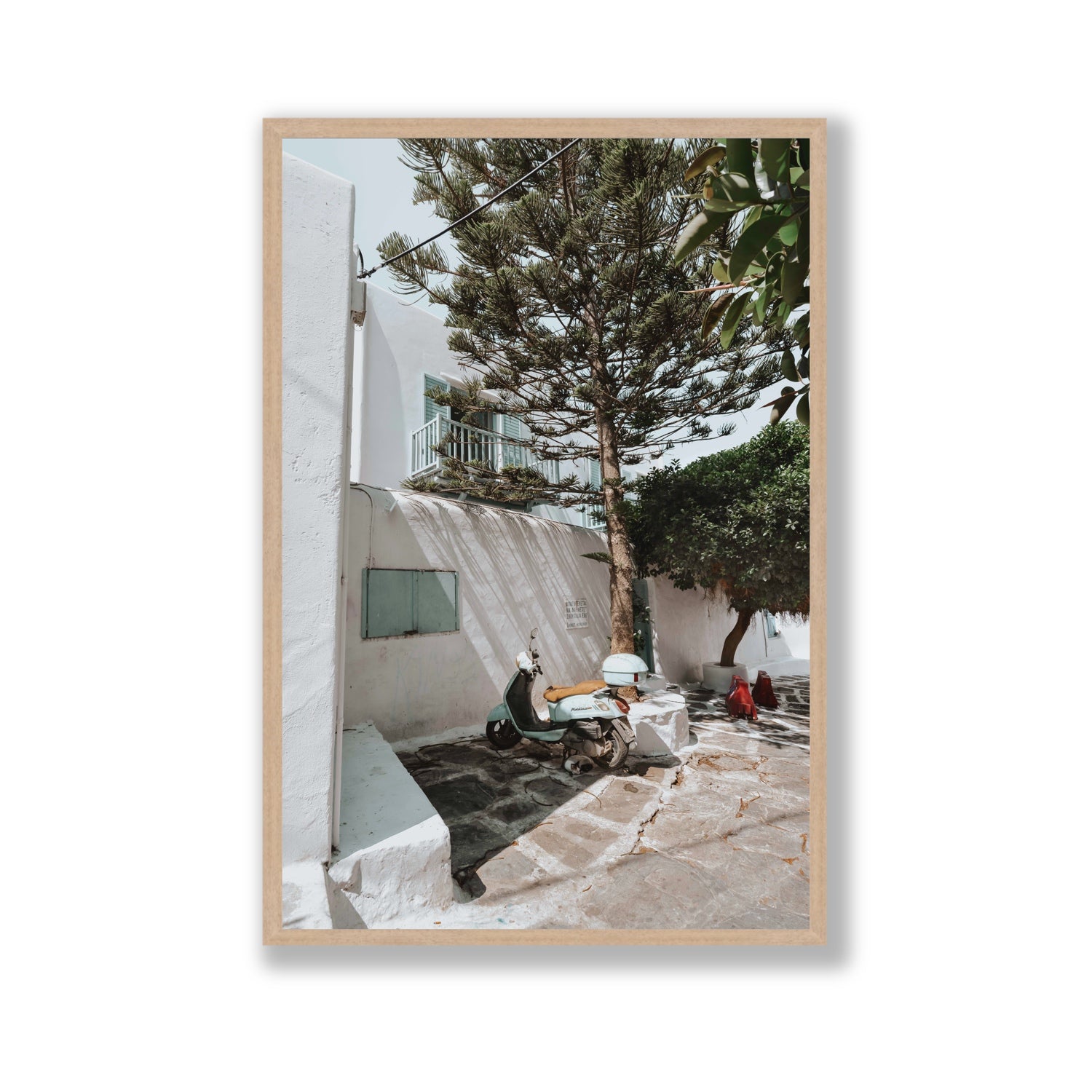 The Getaway Mykonos Mediterranean Greek island art print Gallery full-bleed fine art print in natural oak frame