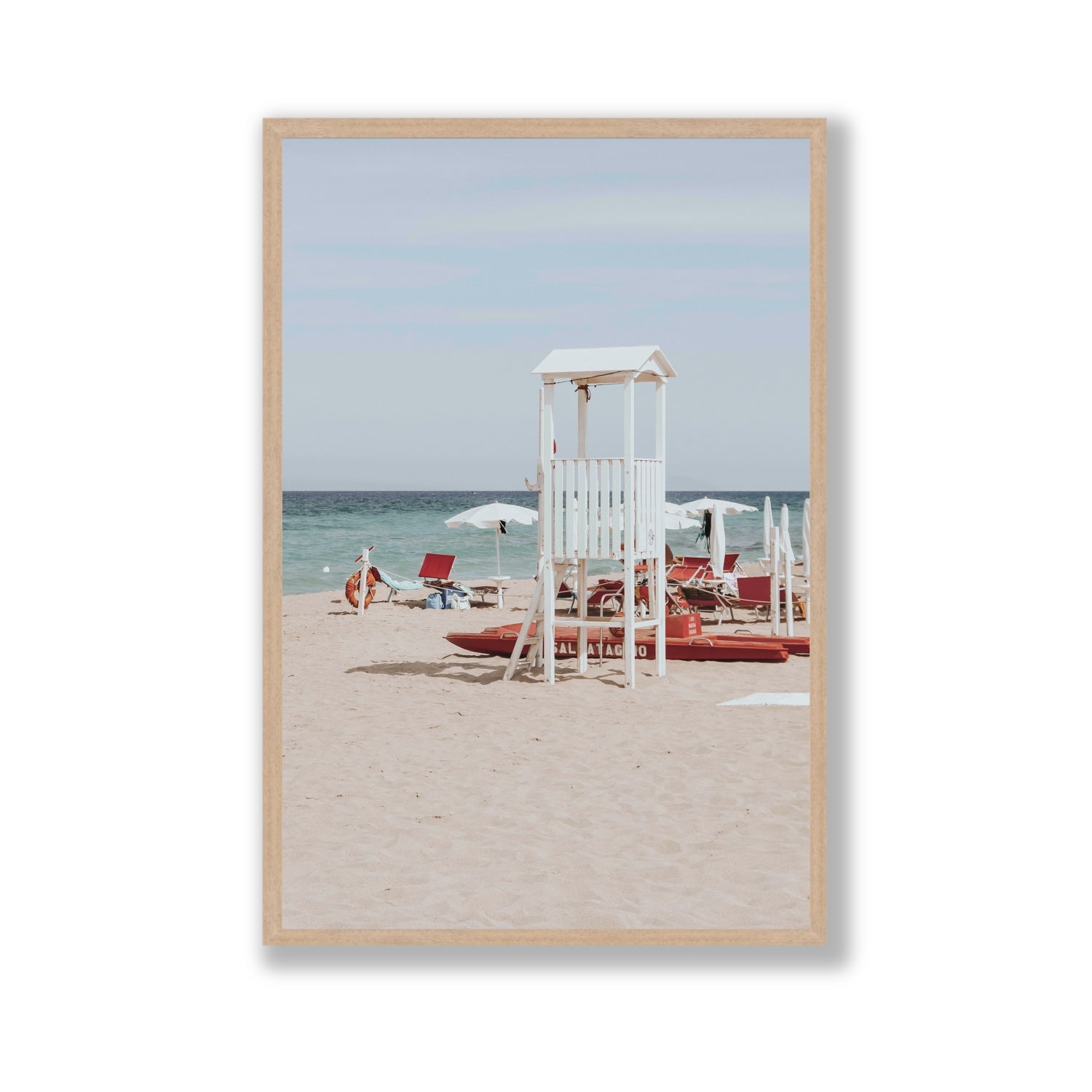 Barefoot Bliss Puglia beach Italian coastal decor wall art Gallery full-bleed fine art print in natural oak frame