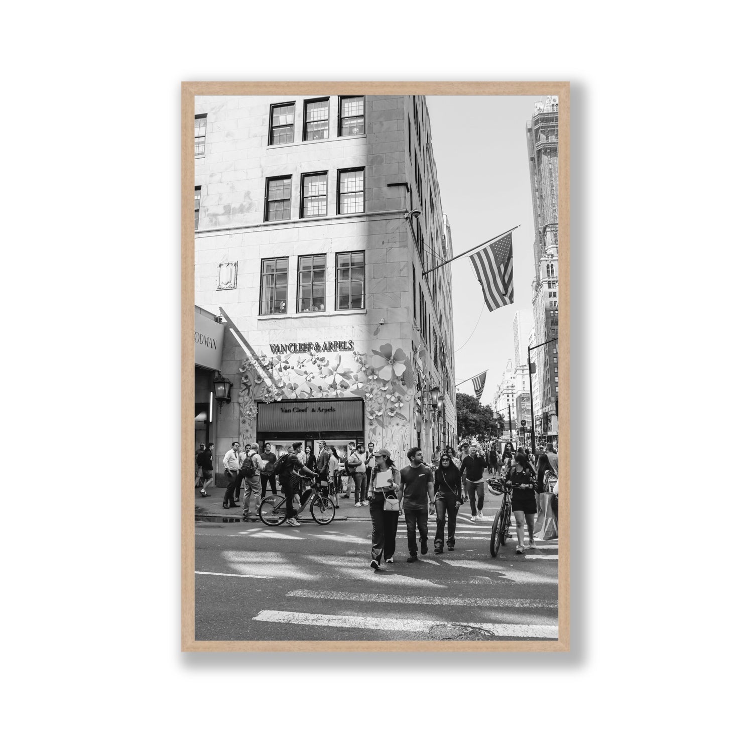 Sidewalk Shuffle New York NYC Black & White wall art Gallery full-bleed fine art print in natural oak frame