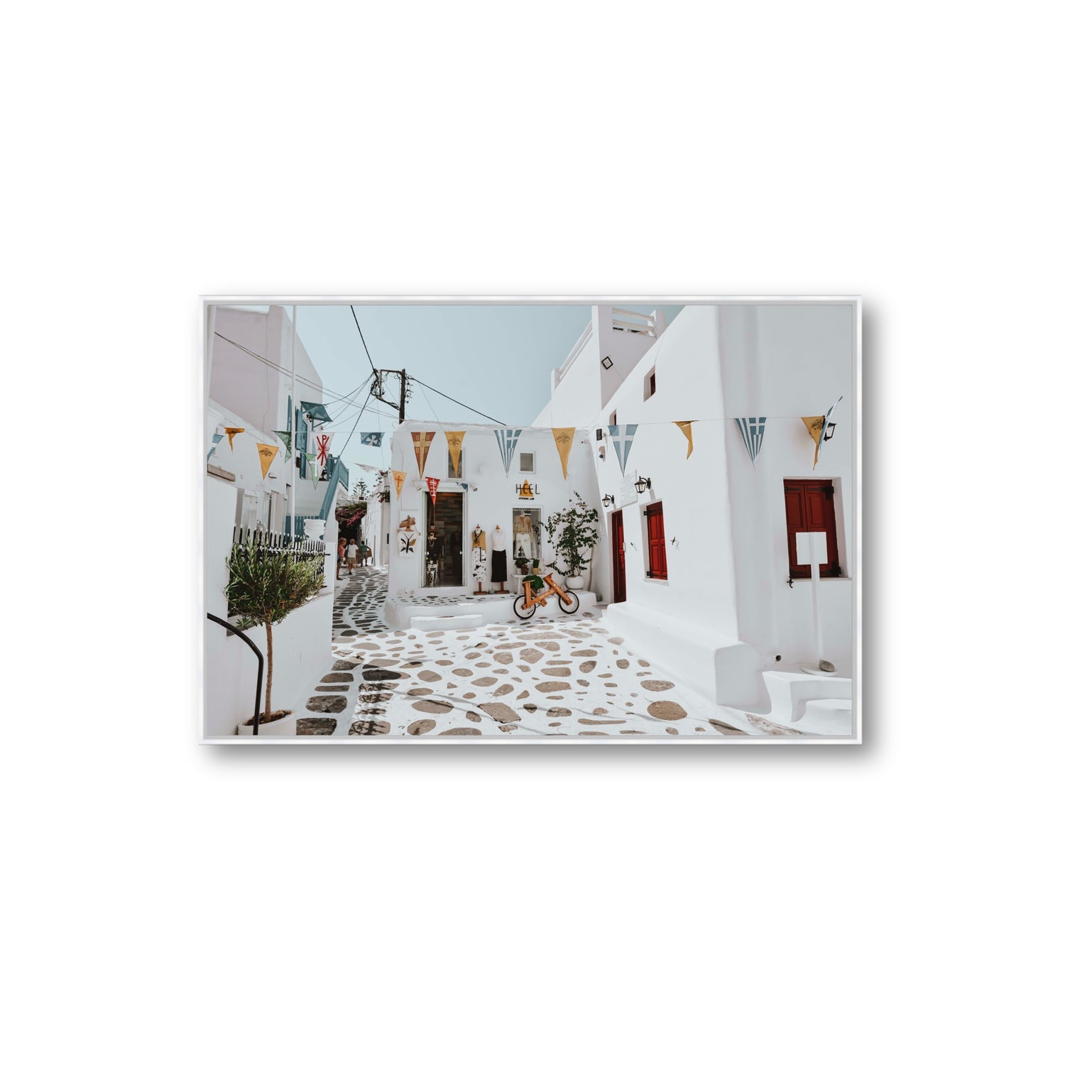 Cruising The Streets Mykonos Greek island wall art Extra Large fine art canvas in white float frame