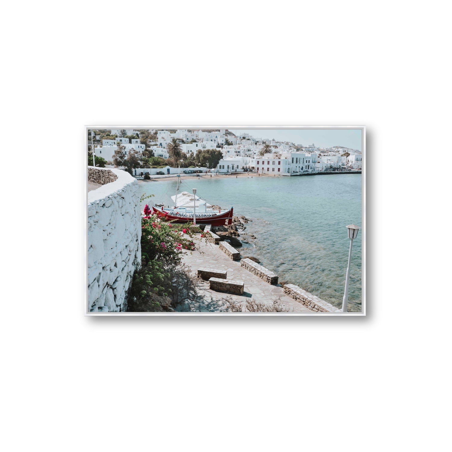 Harika Mykonos Greek island wall art Extra Large fine art canvas in white float frame