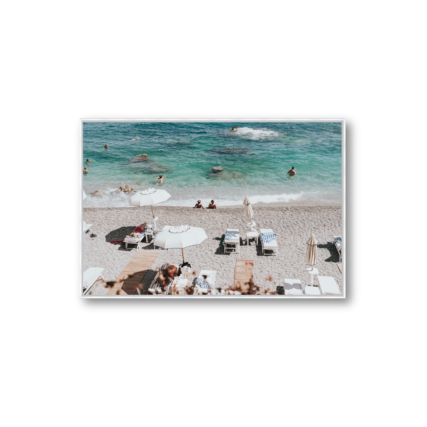 Amicizia Amalfi Italian beach wall art Extra Large fine art canvas in white float frame