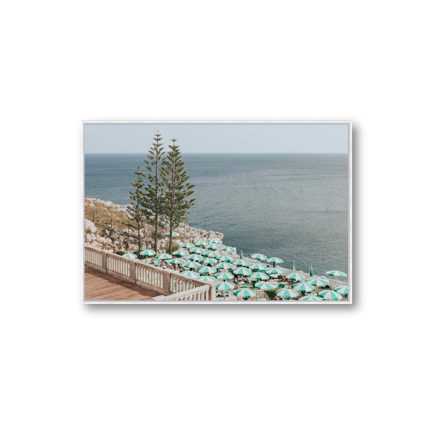 Azure Horizon Puglia beach coastal wall art Extra Large fine art canvas in white float frame