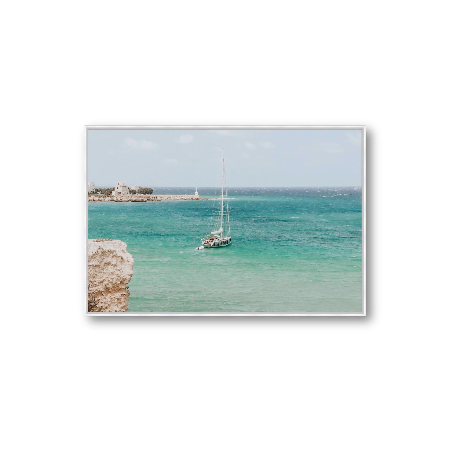 Adriatic Escape Puglia Italian coastal decor wall art Extra Large fine art canvas in white float frame