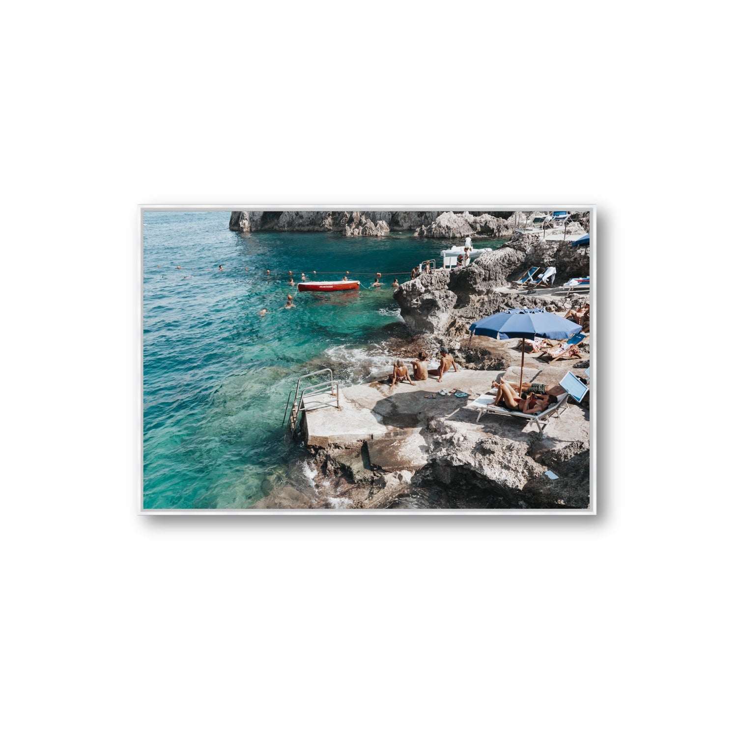 Serenity By The Sea Capri Mediterranean wall art Extra Large fine art canvas in white float frame