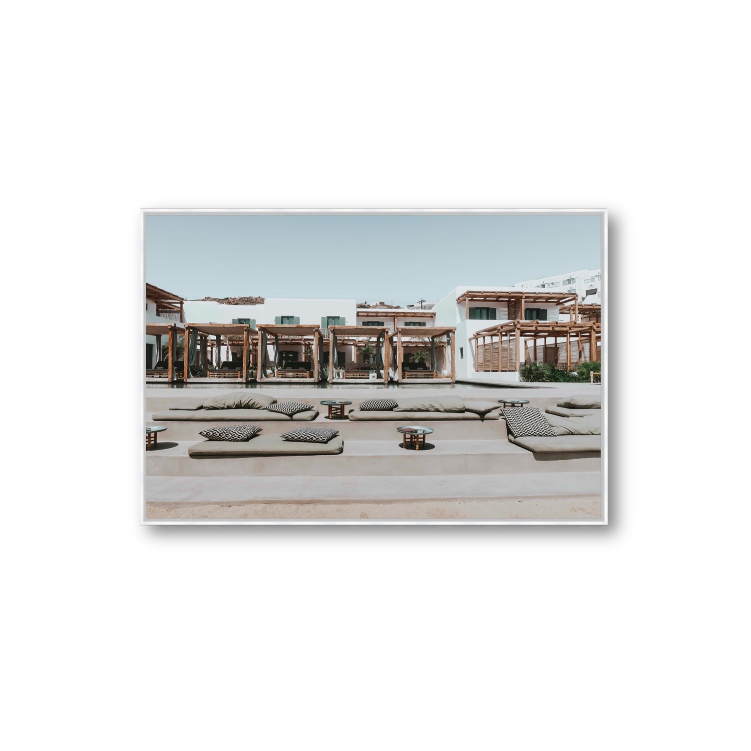 Platis Gialos fine art print, Mykonos, Greece, Extra Large, White Float Frame, Fine Art Canvas