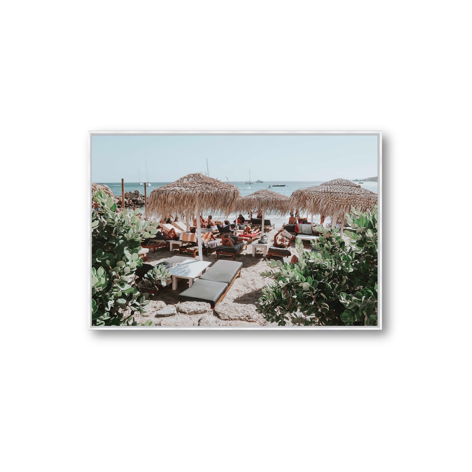 Greek Haven Mykonos Greek island coastal wall art Extra Large fine art canvas in white float frame