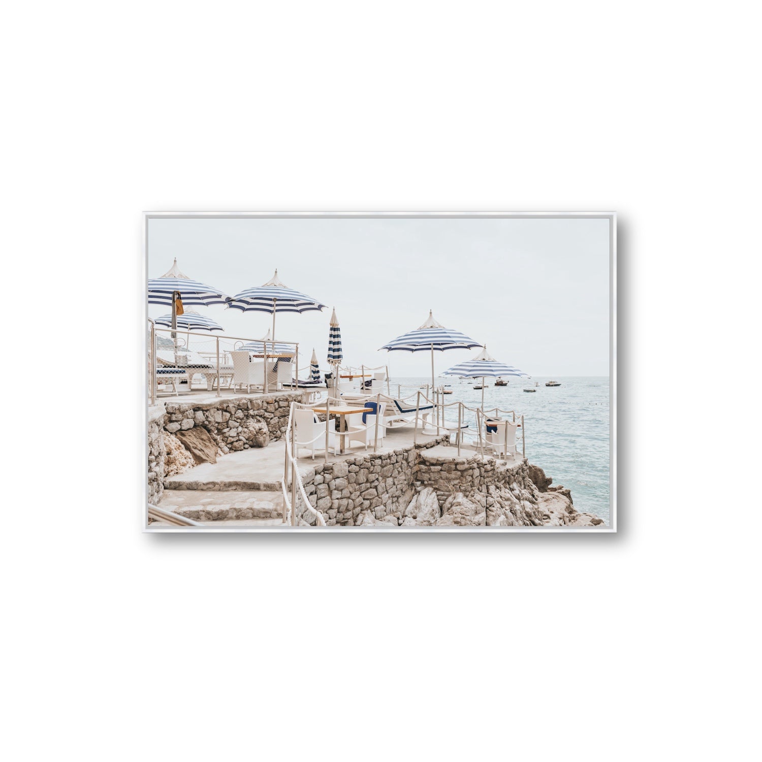 Ombrelloni fine art print, Positano, Italy, Extra Large, White Float Frame, Fine Art Canvas