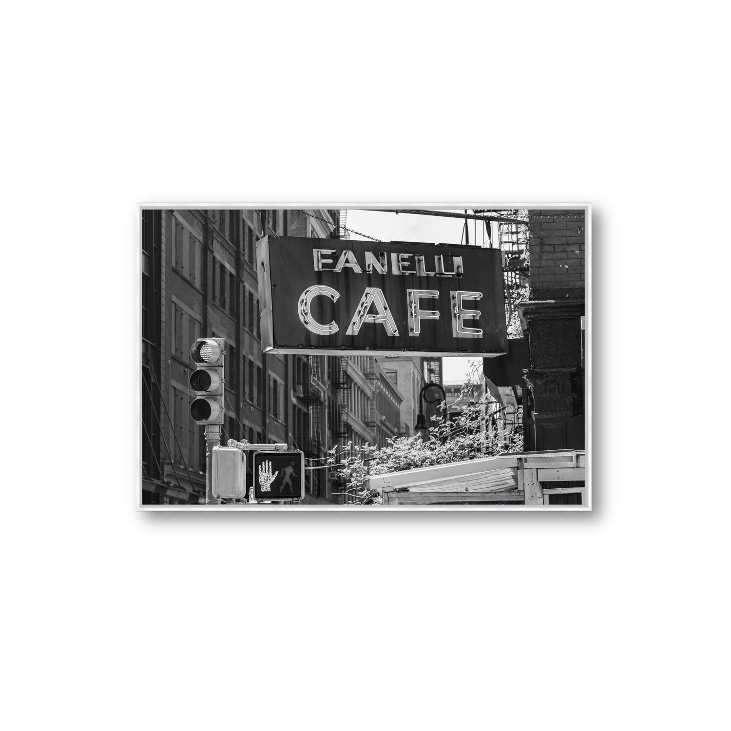 Soho Neon New York NYC Black & White wall art Extra Large fine art canvas in white float frame