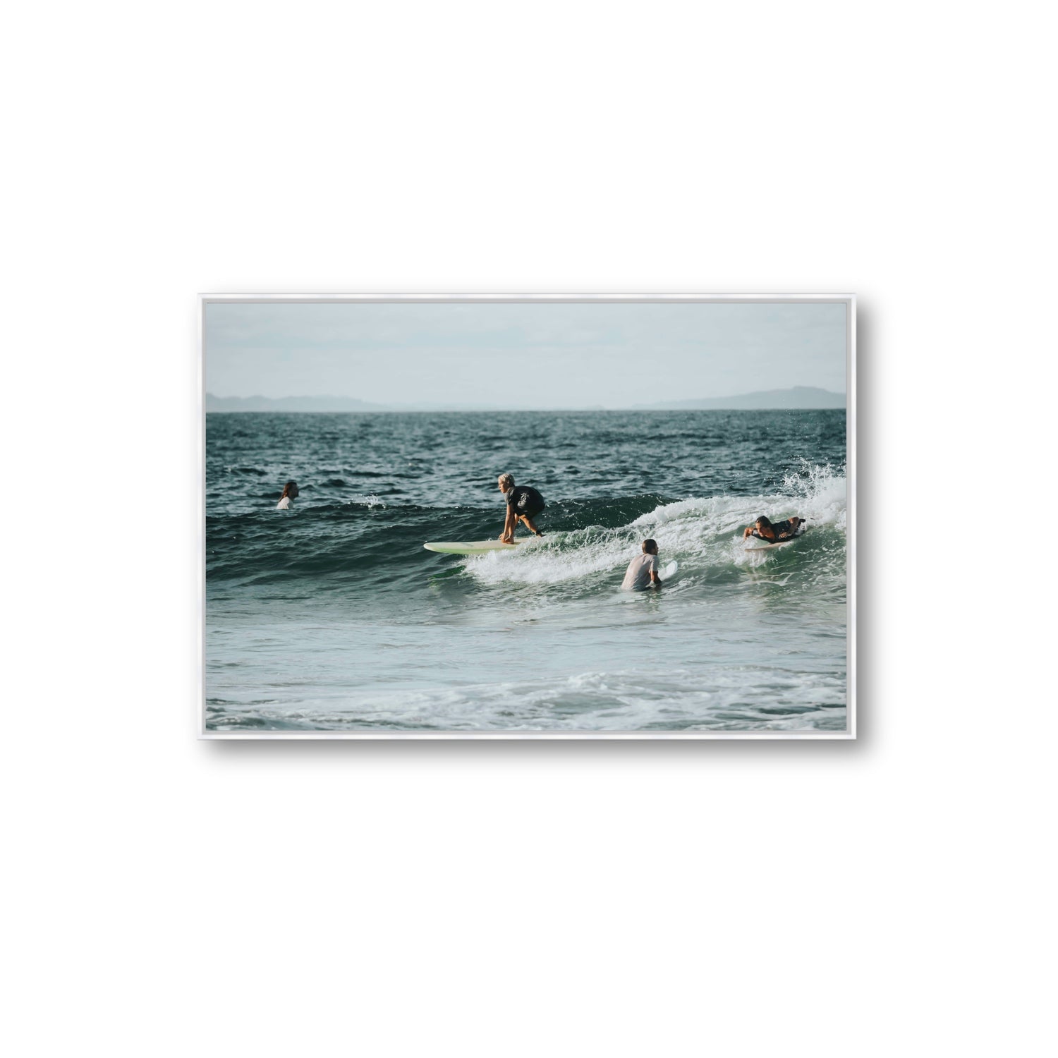 The Boys of Summer Byron Bay Surf coastal wall art Extra Large fine art canvas in white float frame