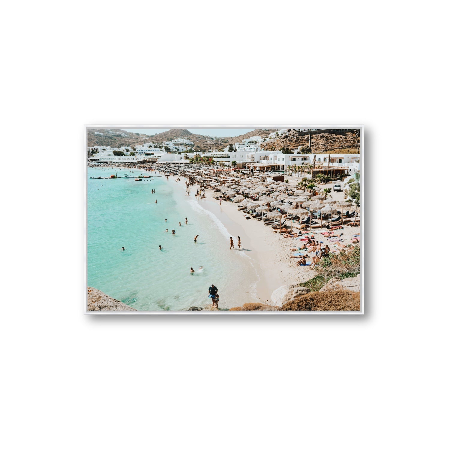 Aquaholic Mykonos Greek island wall art Extra Large fine art canvas in white float frame