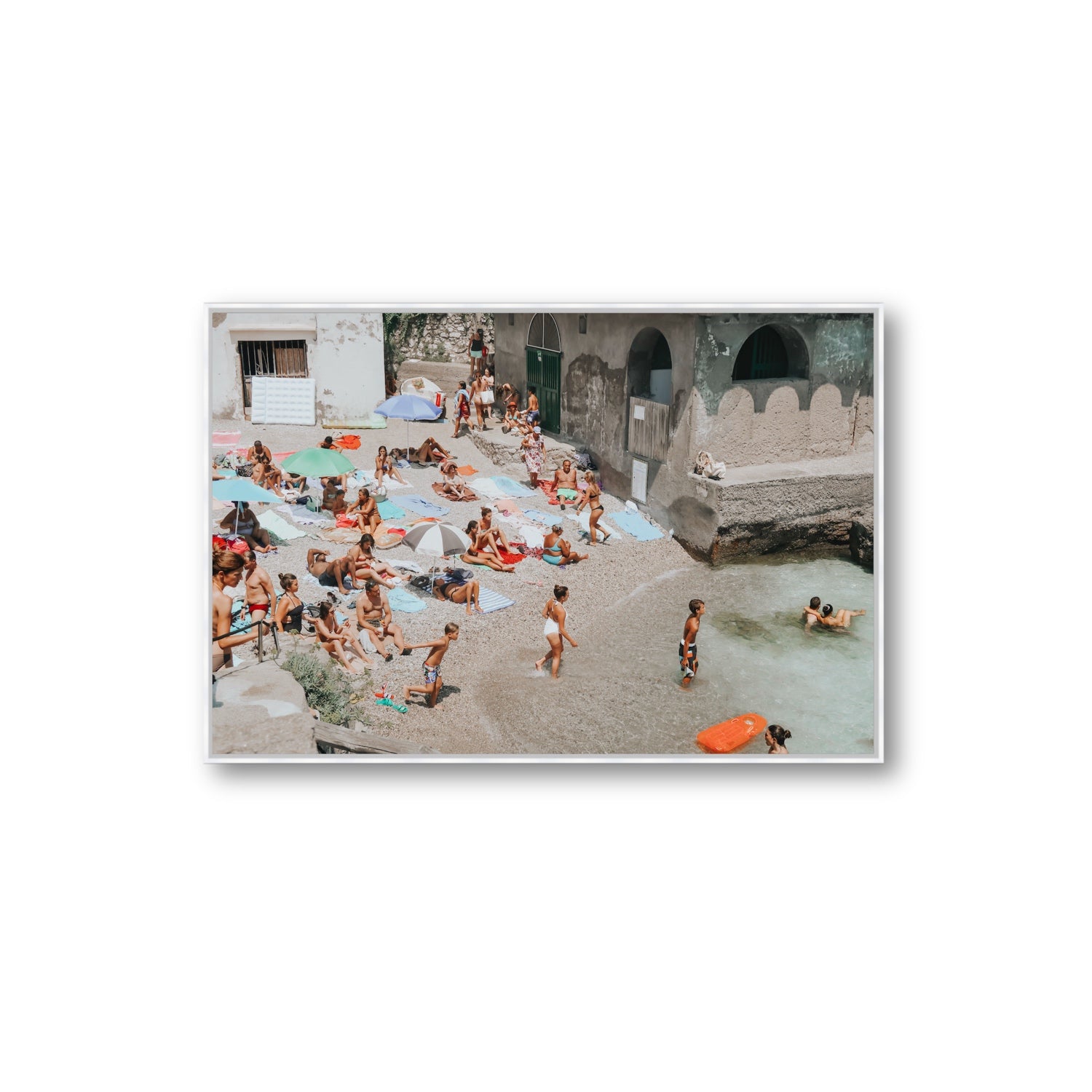 Heatwave Capri beach coastal wall art Extra Large fine art canvas in white float frame