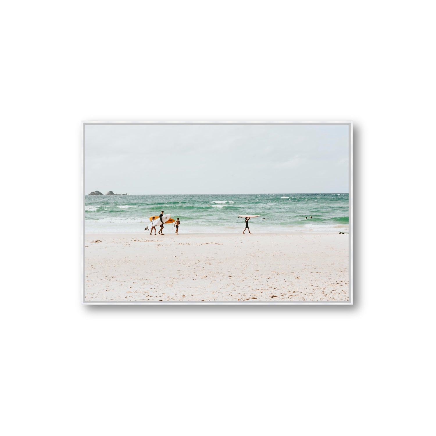 La Famiglia Byron Bay Family Surf coastal wall art Extra Large fine art canvas in white float frame