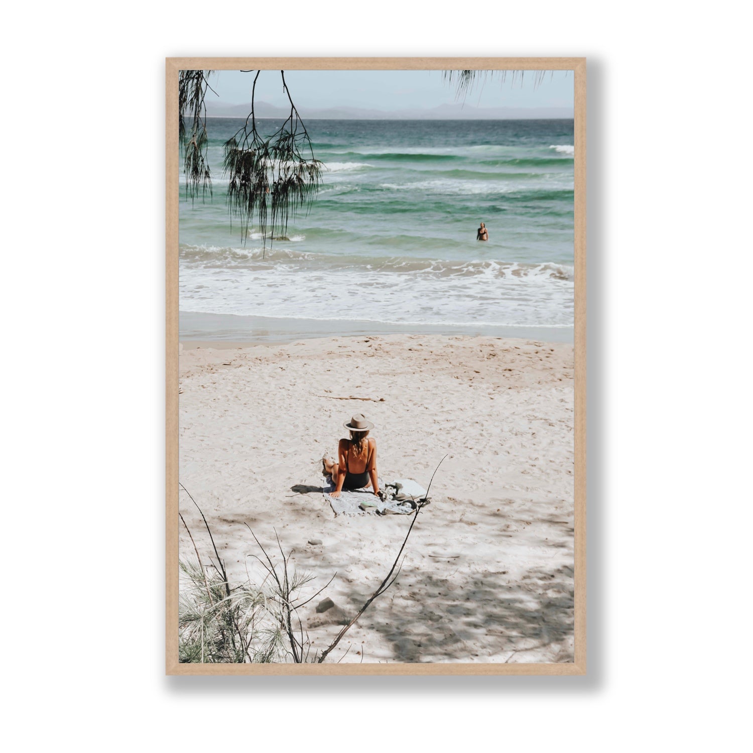 Take It Easy Byron Bay beach coastal decor wall art Statement full-bleed fine art print in natural oak frame