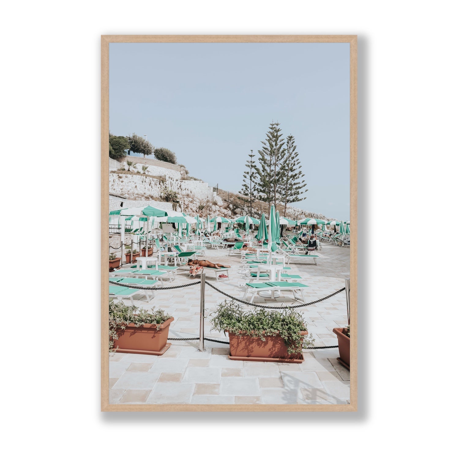 Siesta on The Terrace Puglia coastal wall art Statement full-bleed fine art print in natural oak frame