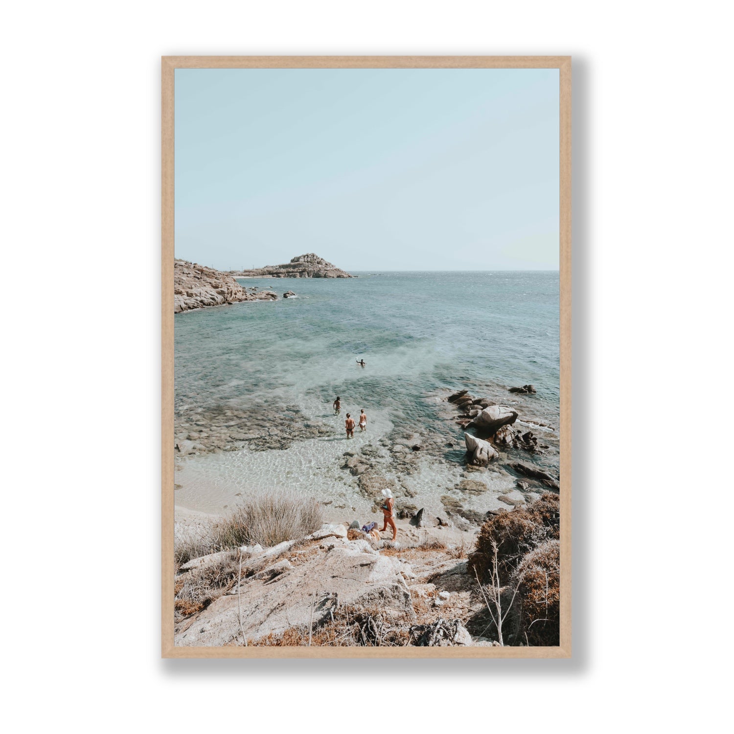 Explorers Mykonos Greek island wall art Statement full-bleed fine art print in natural oak frame