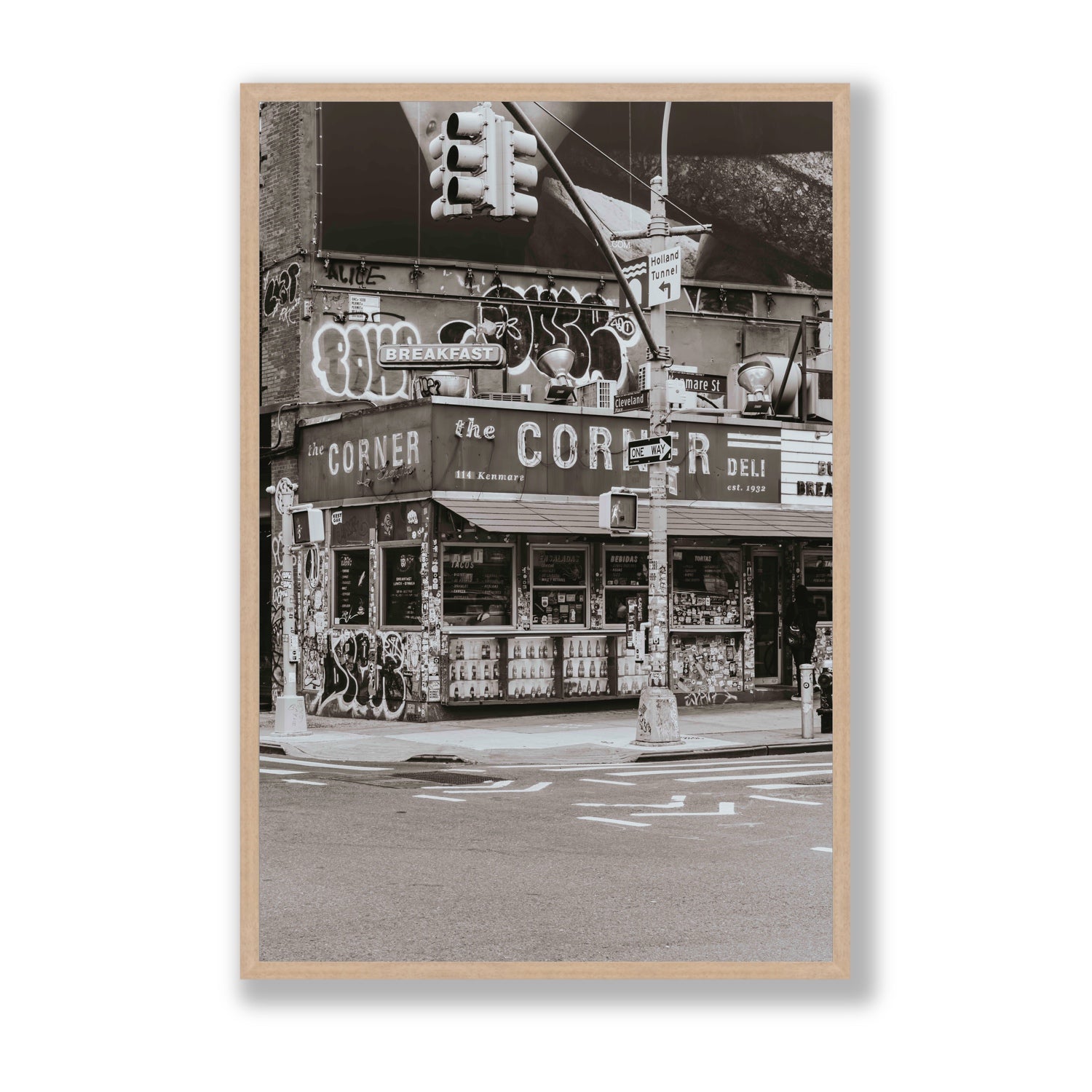 Soho Deli New York NYC Black & White wall art Statement full-bleed fine art print in natural oak frame