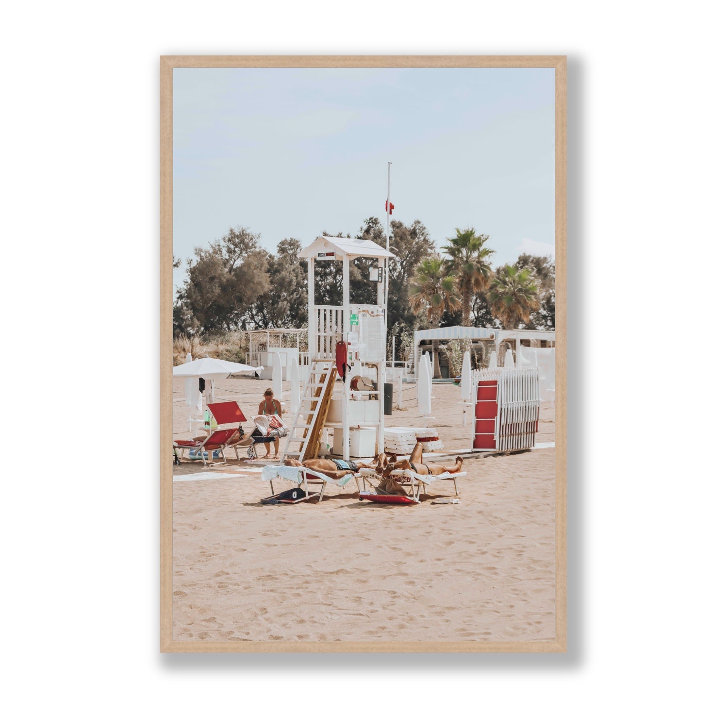 Red Lounge Reverie Puglia beach coastal wall art Statement full-bleed fine art print in natural oak frame