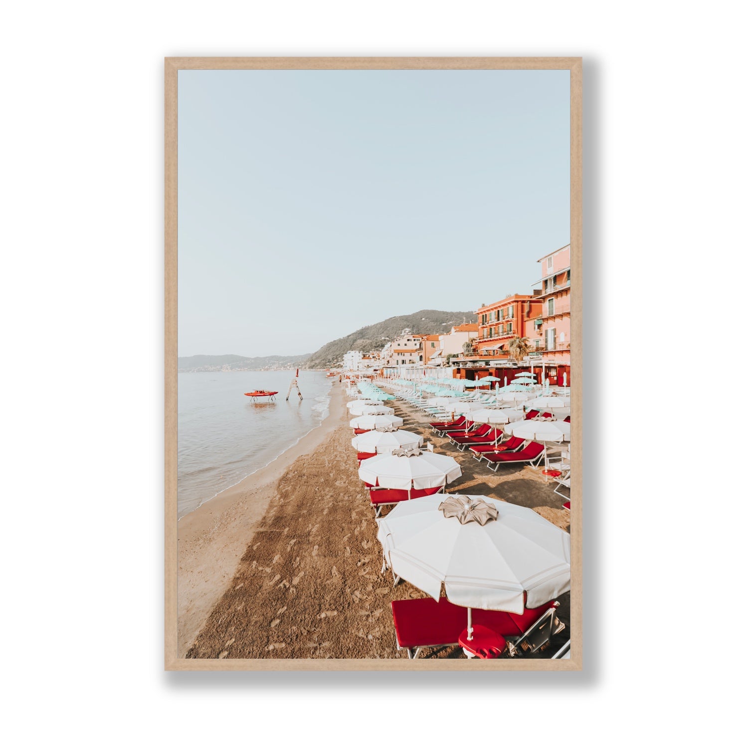 Italian Riviera fine art print, Alassio, Italy, coastal scenes artwork, Statement, Natural Oak Frame · Full Bleed, Fine Art Print