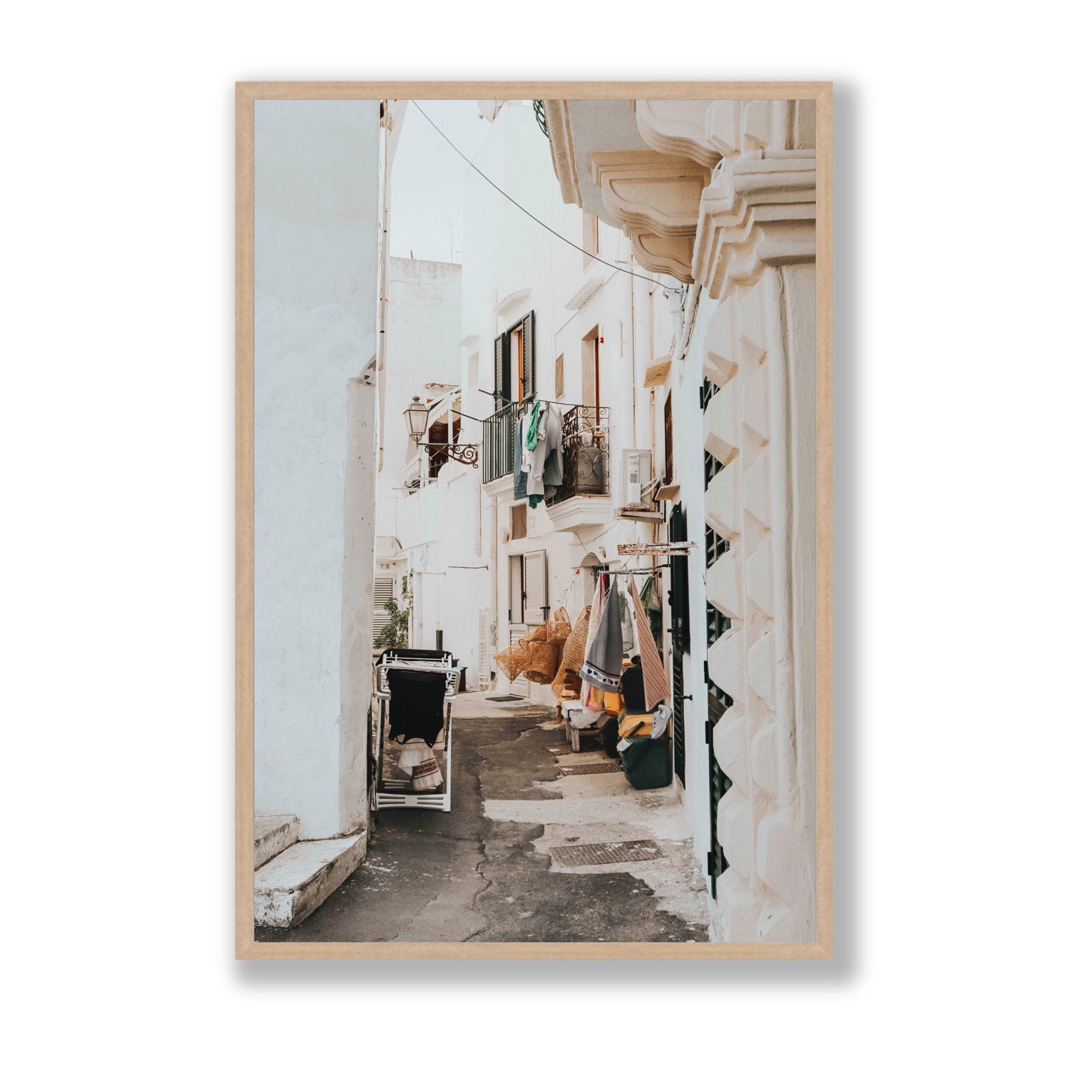 Hanging Harmony Puglia Italian wall art Statement full-bleed fine art print in natural oak frame