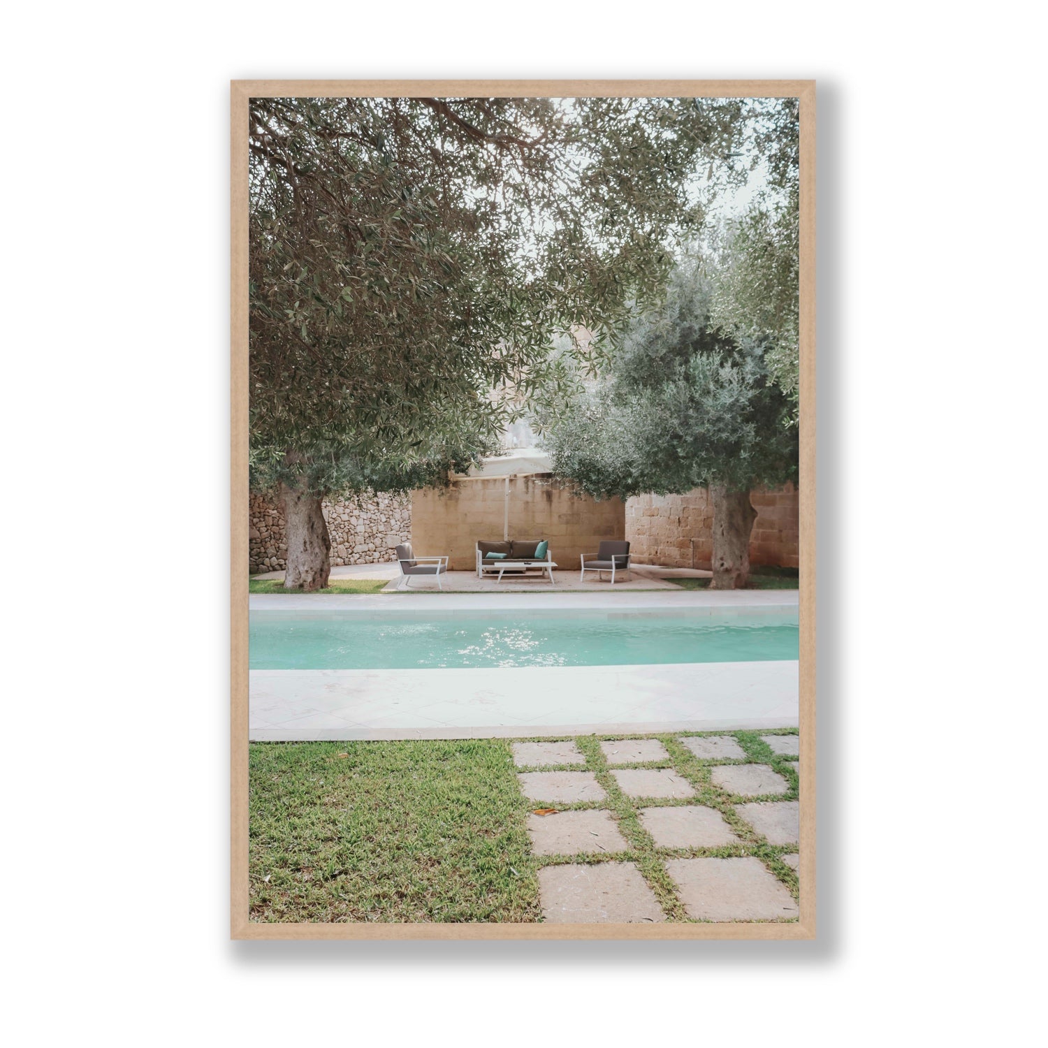 Idyllic Escape Puglia Mediterranean wall art Statement full-bleed fine art print in natural oak frame