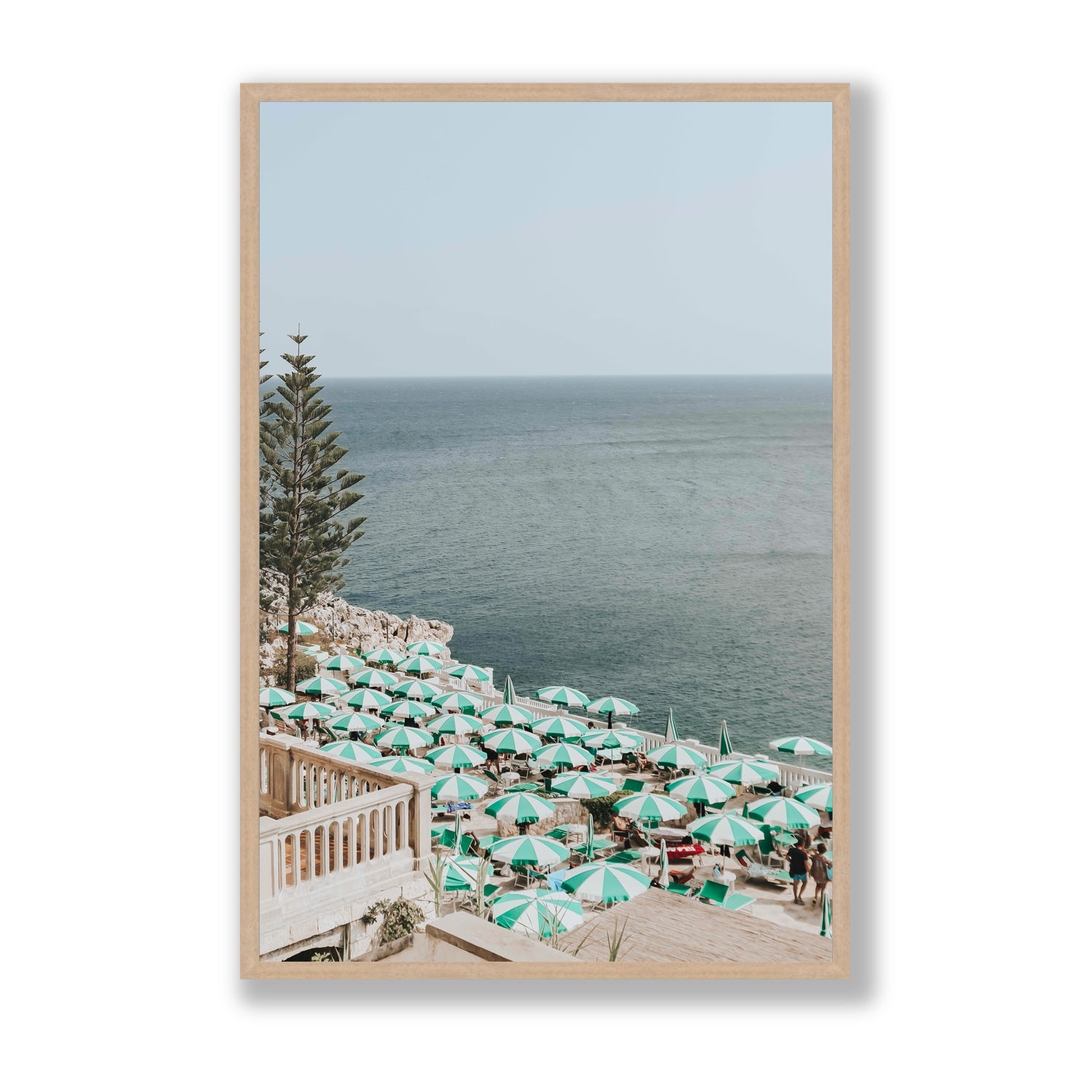 Sun-drenched Stripes Puglia beach coastal wall art Statement full-bleed fine art print in natural oak frame