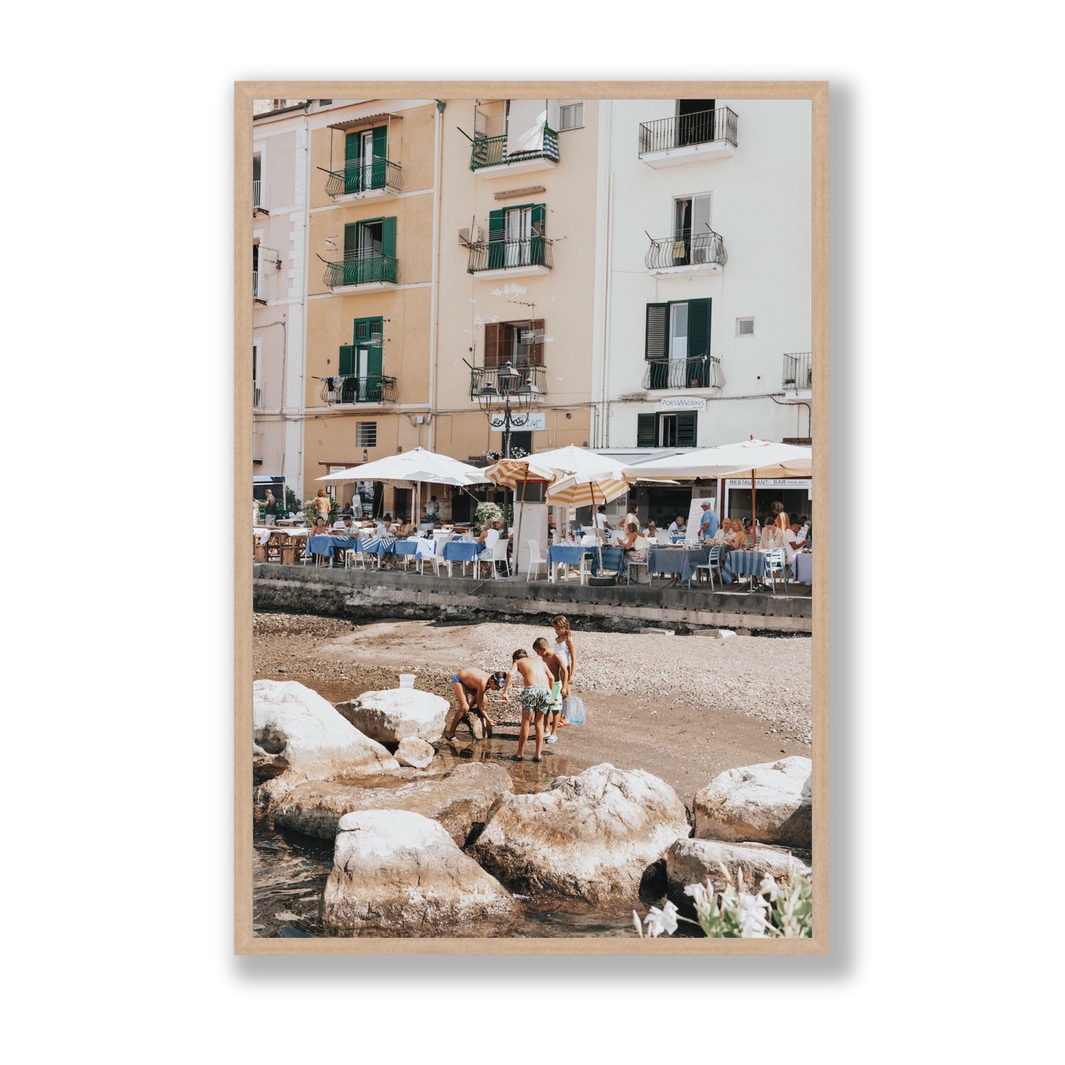 Sunny Playtime Sorrento coastal wall art Statement full-bleed fine art print in natural oak frame