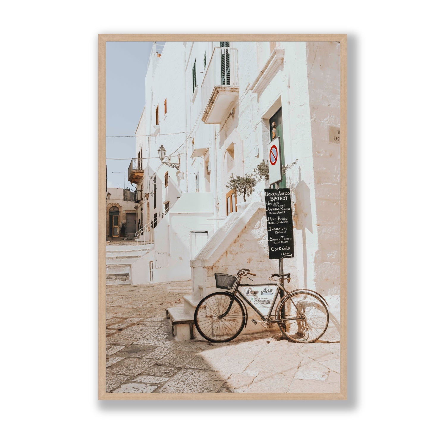 La Bicicletta Puglia Ostuni wall art Statement full-bleed fine art print in natural oak frame