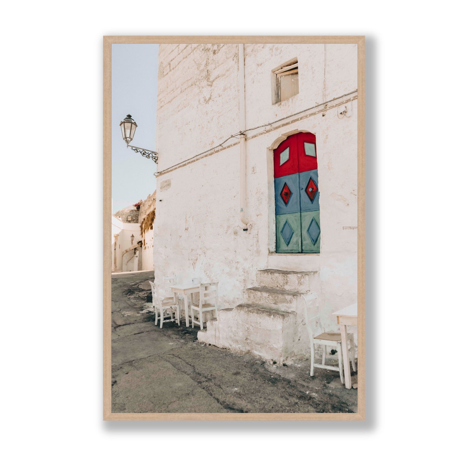 Doorway Delight Puglia Ostuni wall art Statement full-bleed fine art print in natural oak frame
